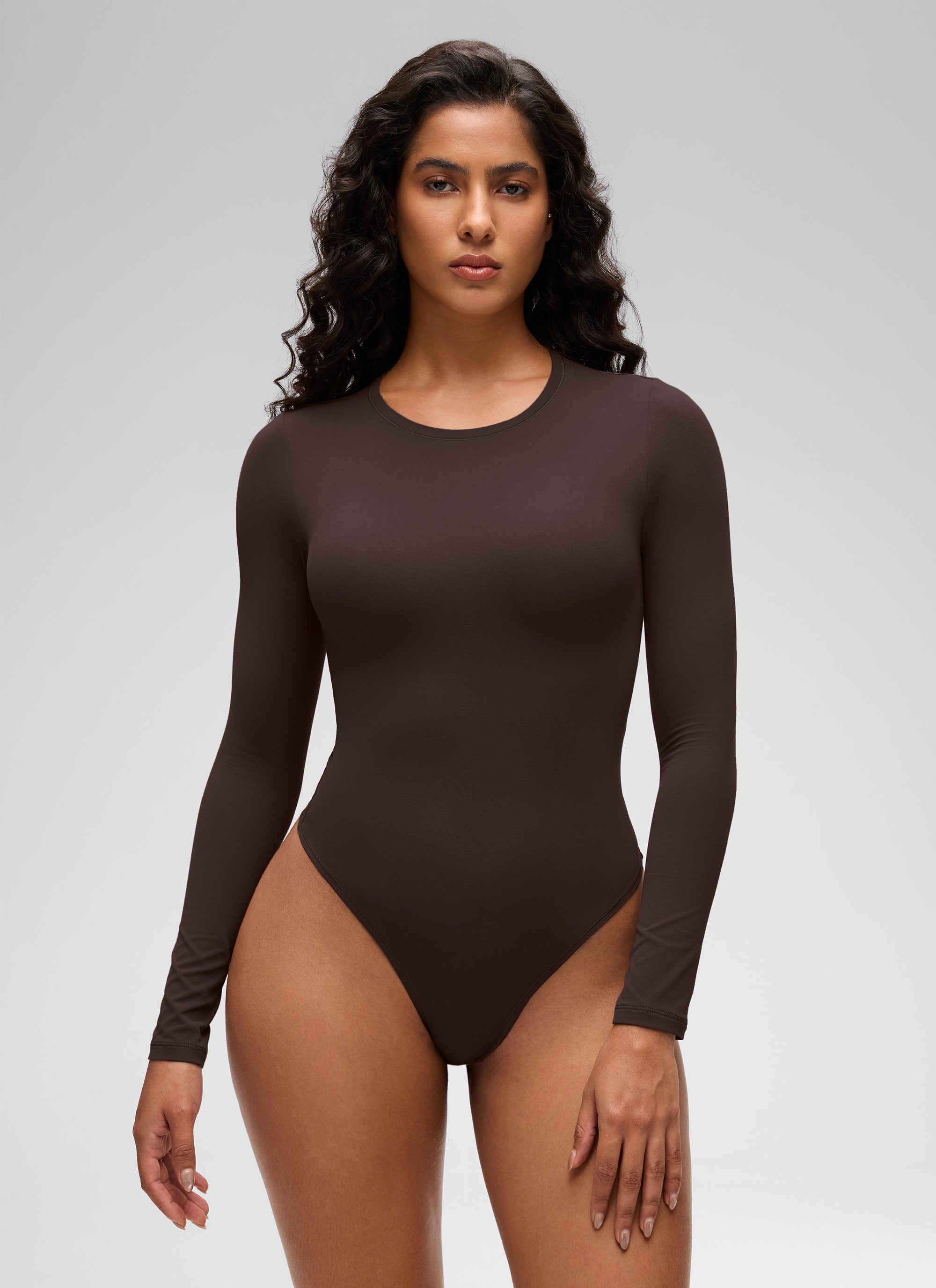 CRZ YOGA Women's Softembrace Casual Scoop Neck Tight Fit Bodysuit Hot Fudge Brown