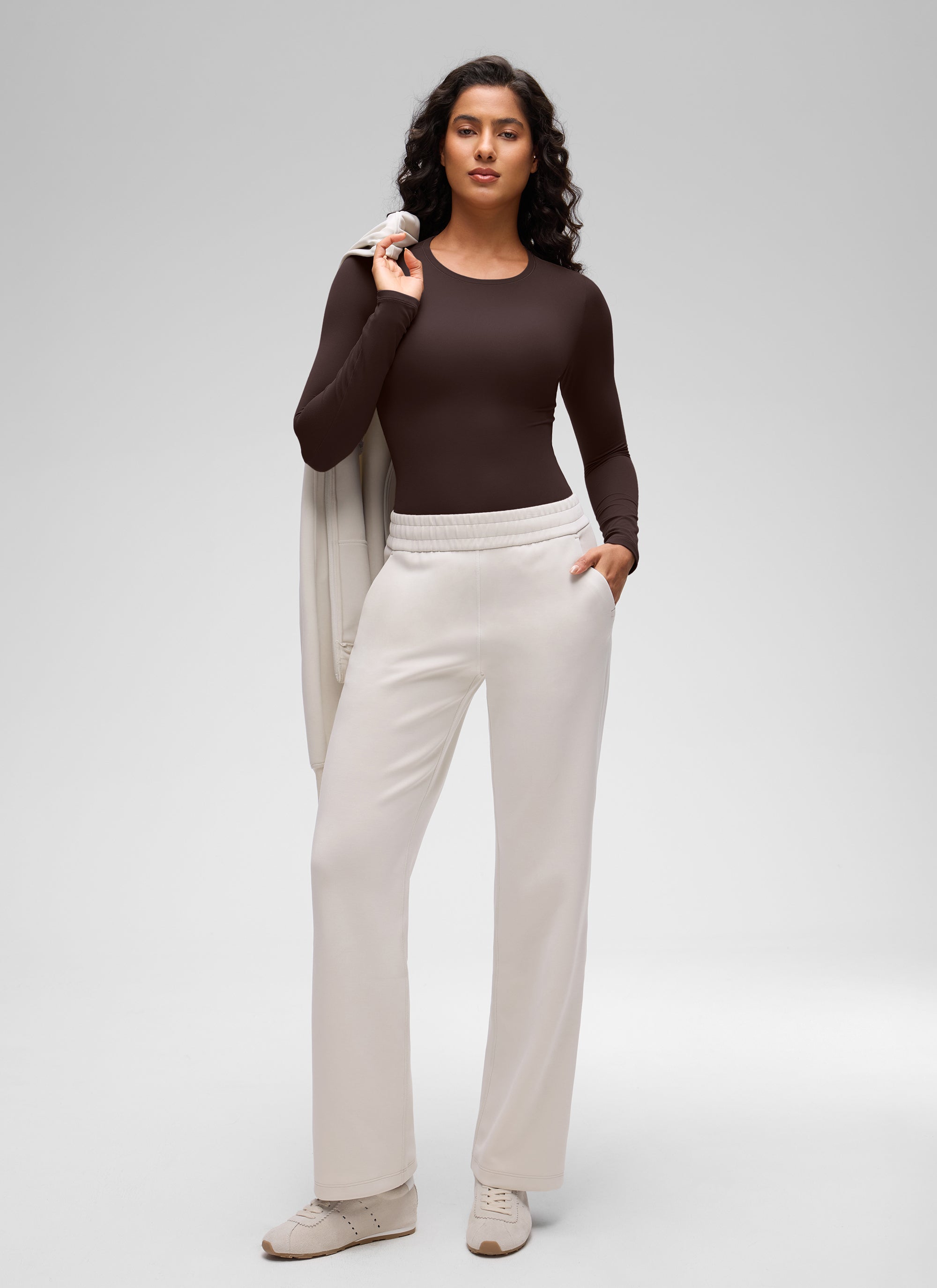 CRZ YOGA Women's Softembrace Casual Scoop Neck Tight Fit Bodysuit Hot Fudge Brown
