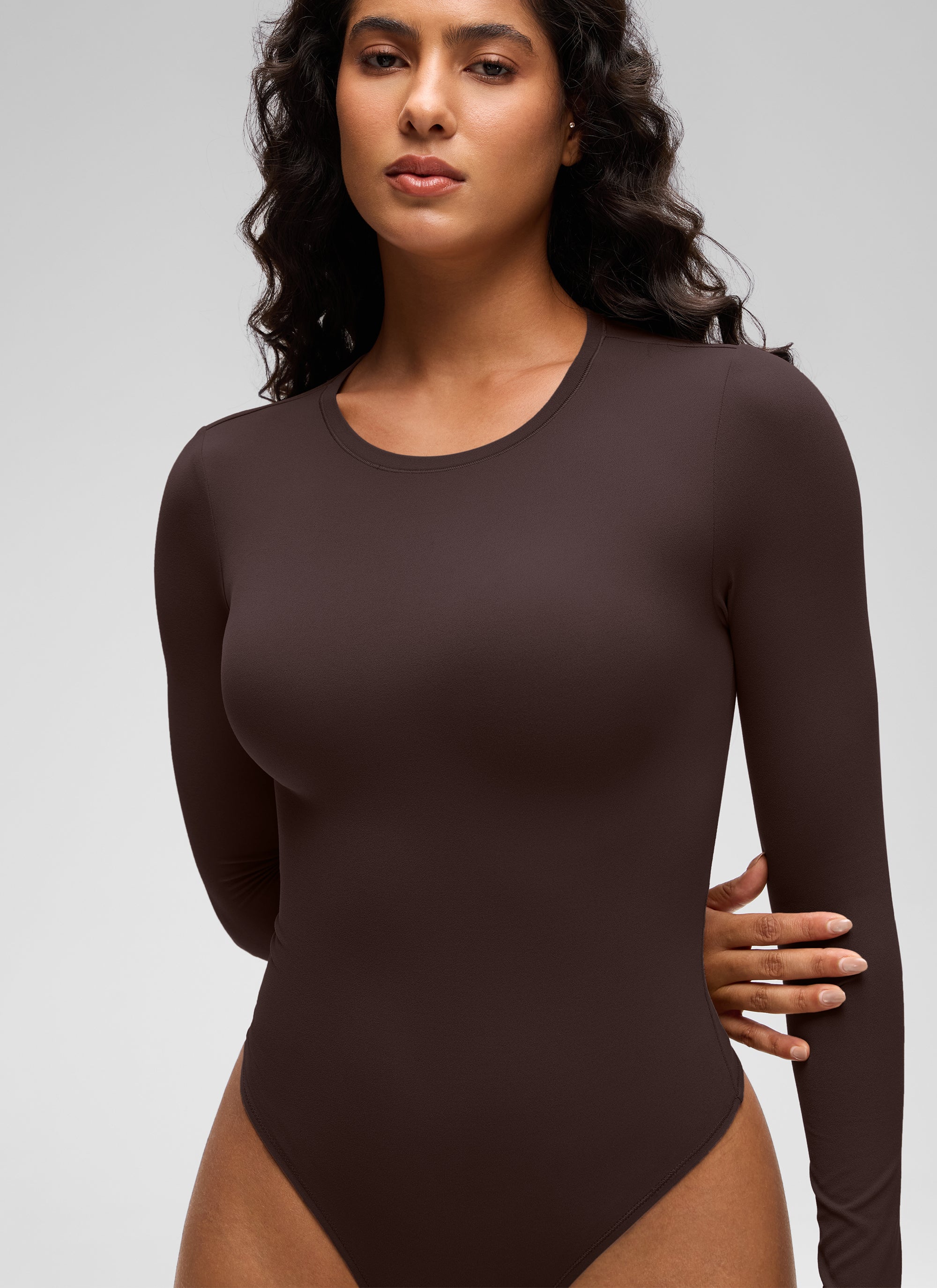 CRZ YOGA Women's Softembrace Casual Scoop Neck Tight Fit Bodysuit Hot Fudge Brown