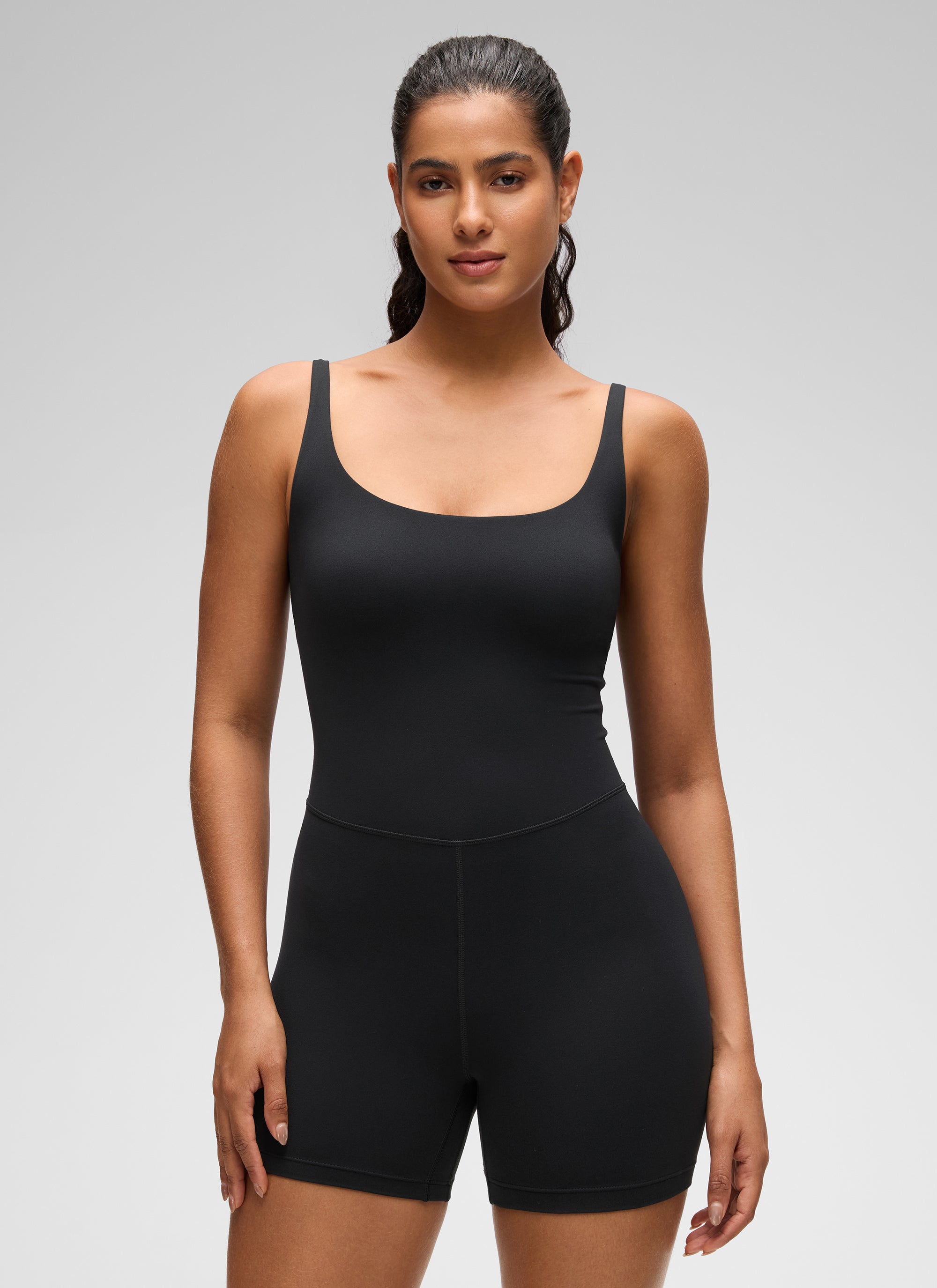 CRZ YOGA Women's Butterluxe Soft Yoga Square Neck Double Lined Romper Black