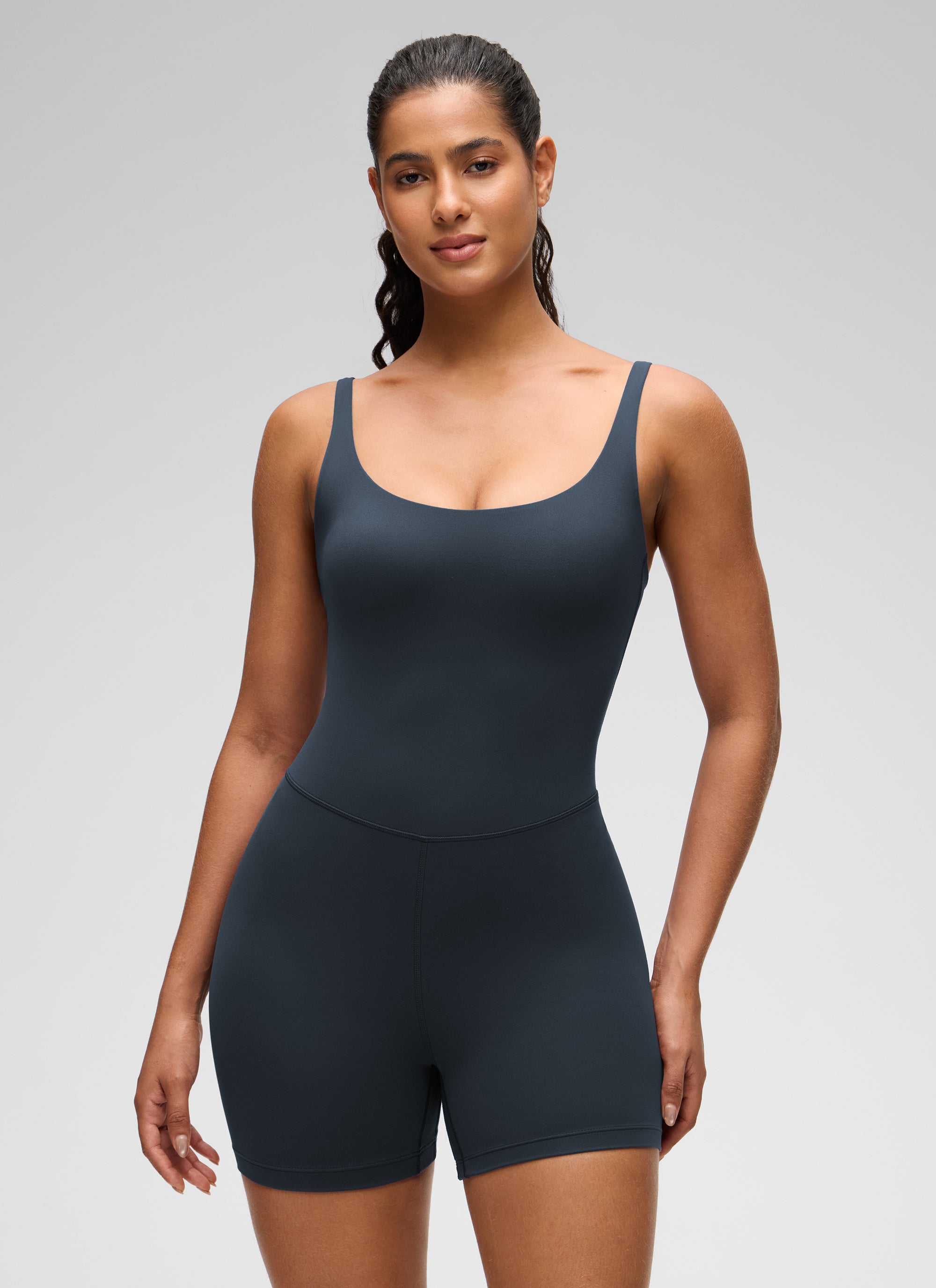 CRZ YOGA Women's Butterluxe Soft Yoga Square Neck Double Lined Romper True Navy