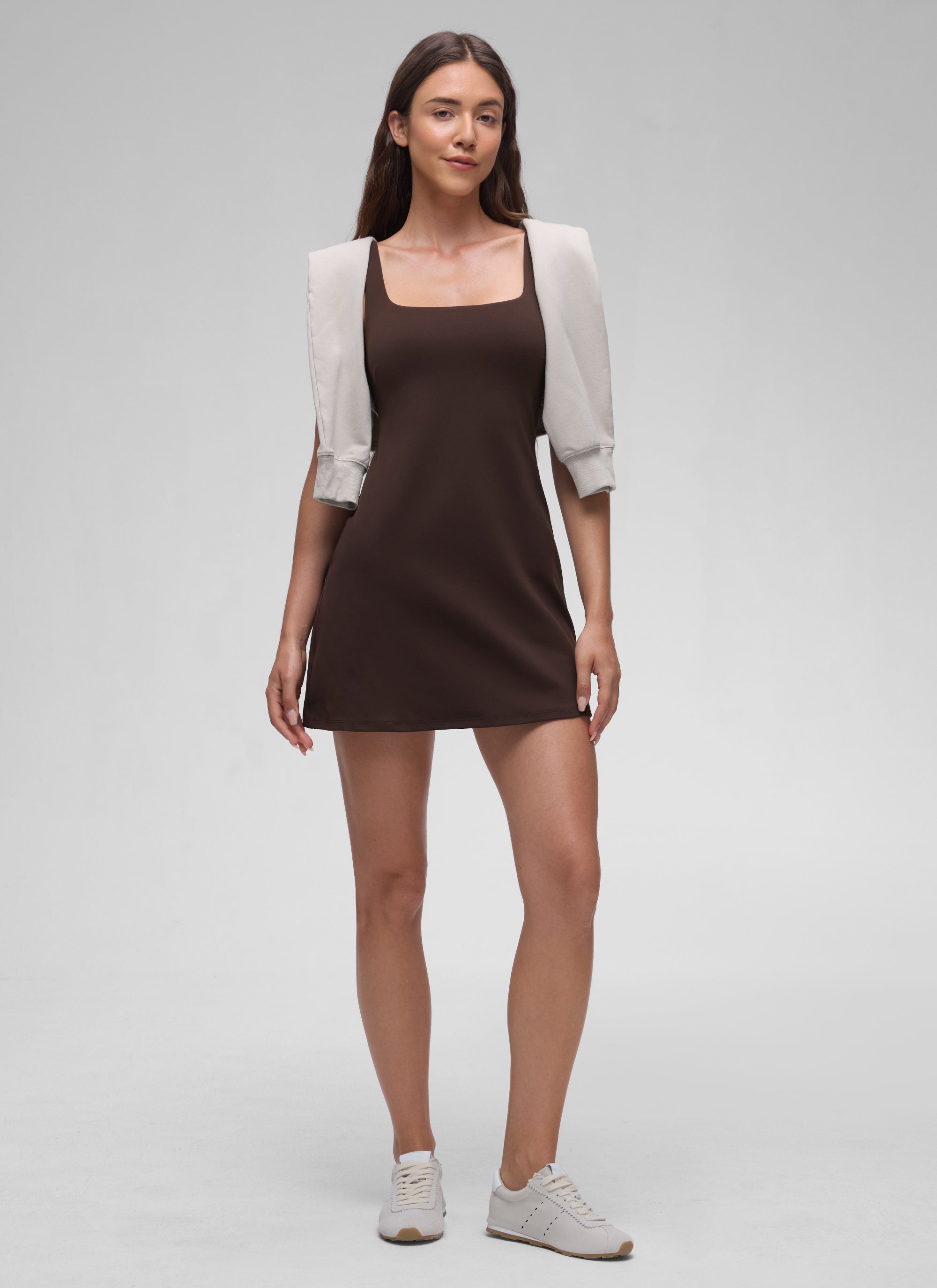 CRZ YOGA Women Butterluxe Square Neck Shelf Bra Tennis Dresses A line Hot Fudge Brown