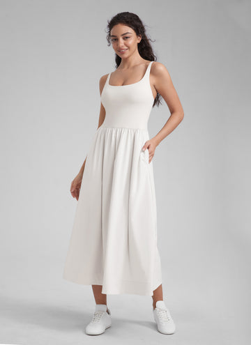 CRZ YOGA Women's Square Neck Pocket Sleeveless Maxi Padded Dress Milky White