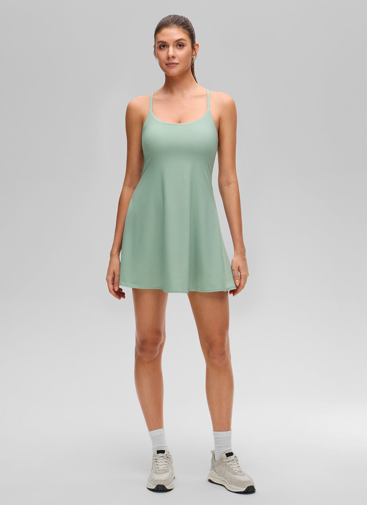 CRZ YOGA Women's Drapey Spaghetti Straps Tennis Built-in Bra Dress Green Palm Court