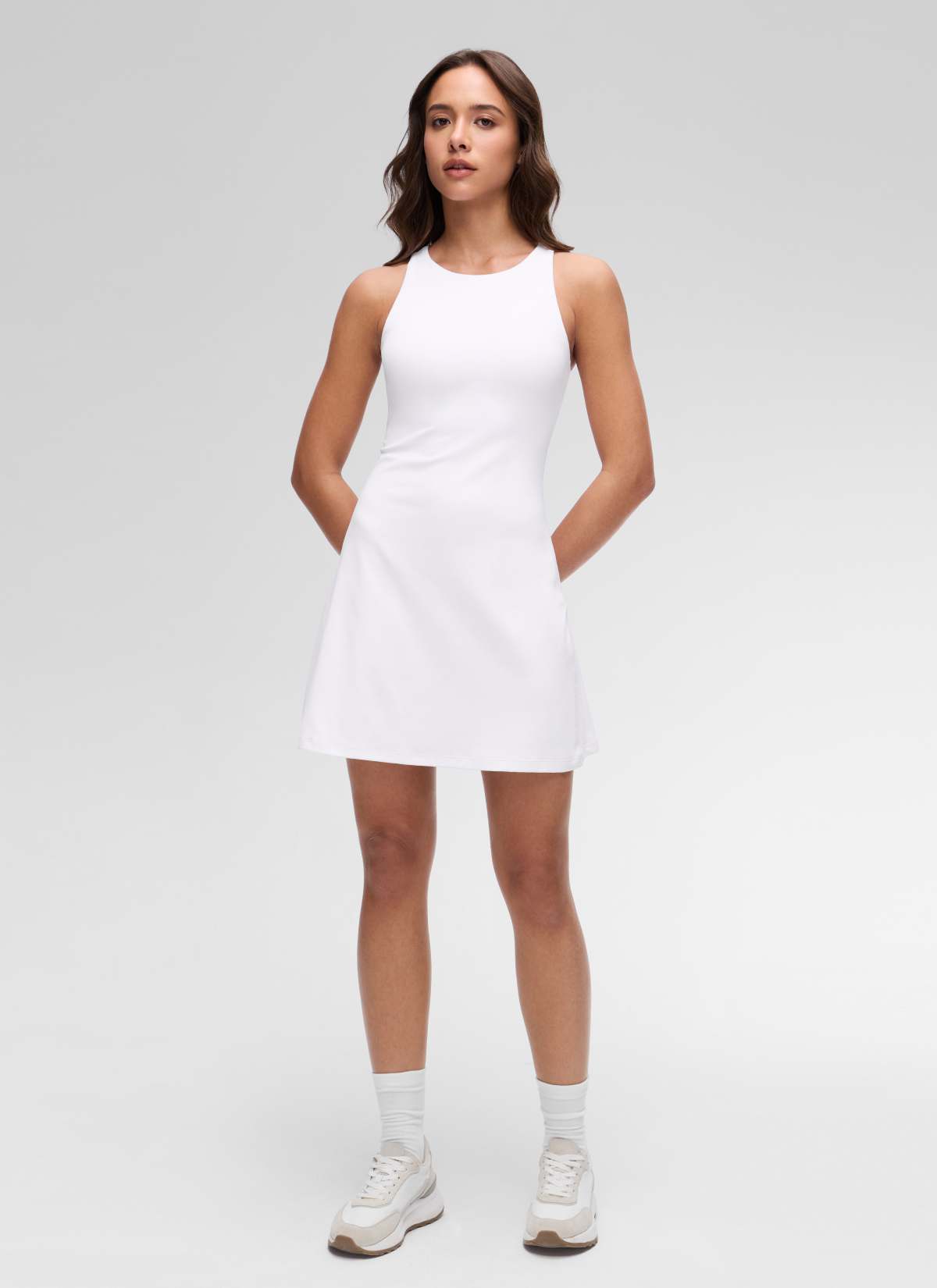 CRZ YOGA Women's Butterluxe Casual High Neck Racerback Mini Dress White @model_info:Maria