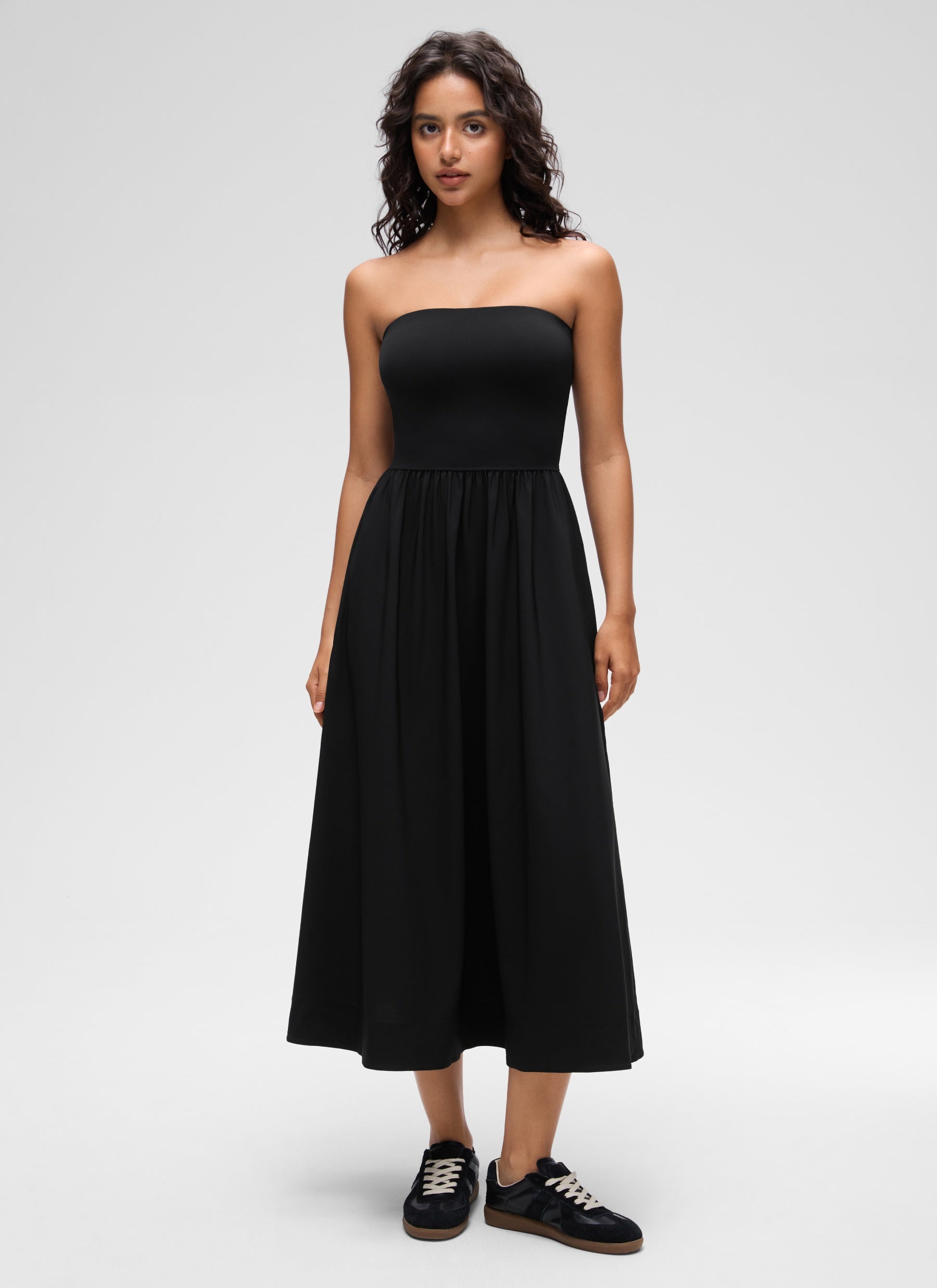 CRZ YOGA Women's Dual-fabric Casual Strapless Built in Bra Long Dress Black