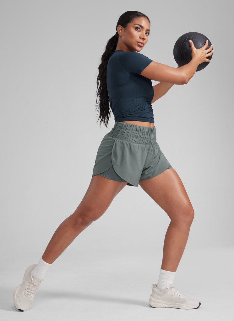 CRZ YOGA Women's Train High-Rise 2 in 1 Shorts with Pocket 3'' Grey Sage