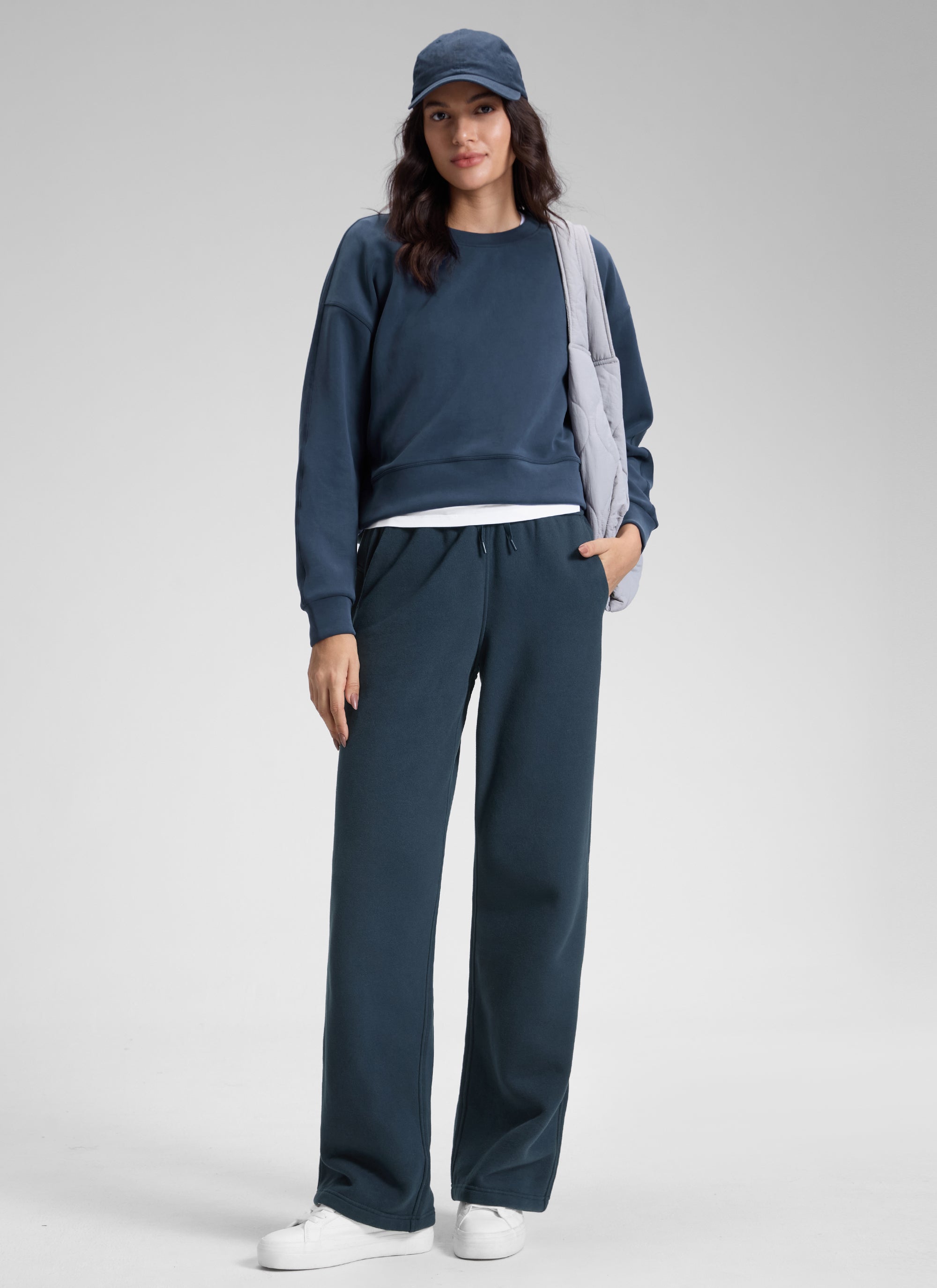 CRZ YOGA Womens Cotton Fleece Lined Straight Leg Lounge Sweatpants30'' Ink Blue