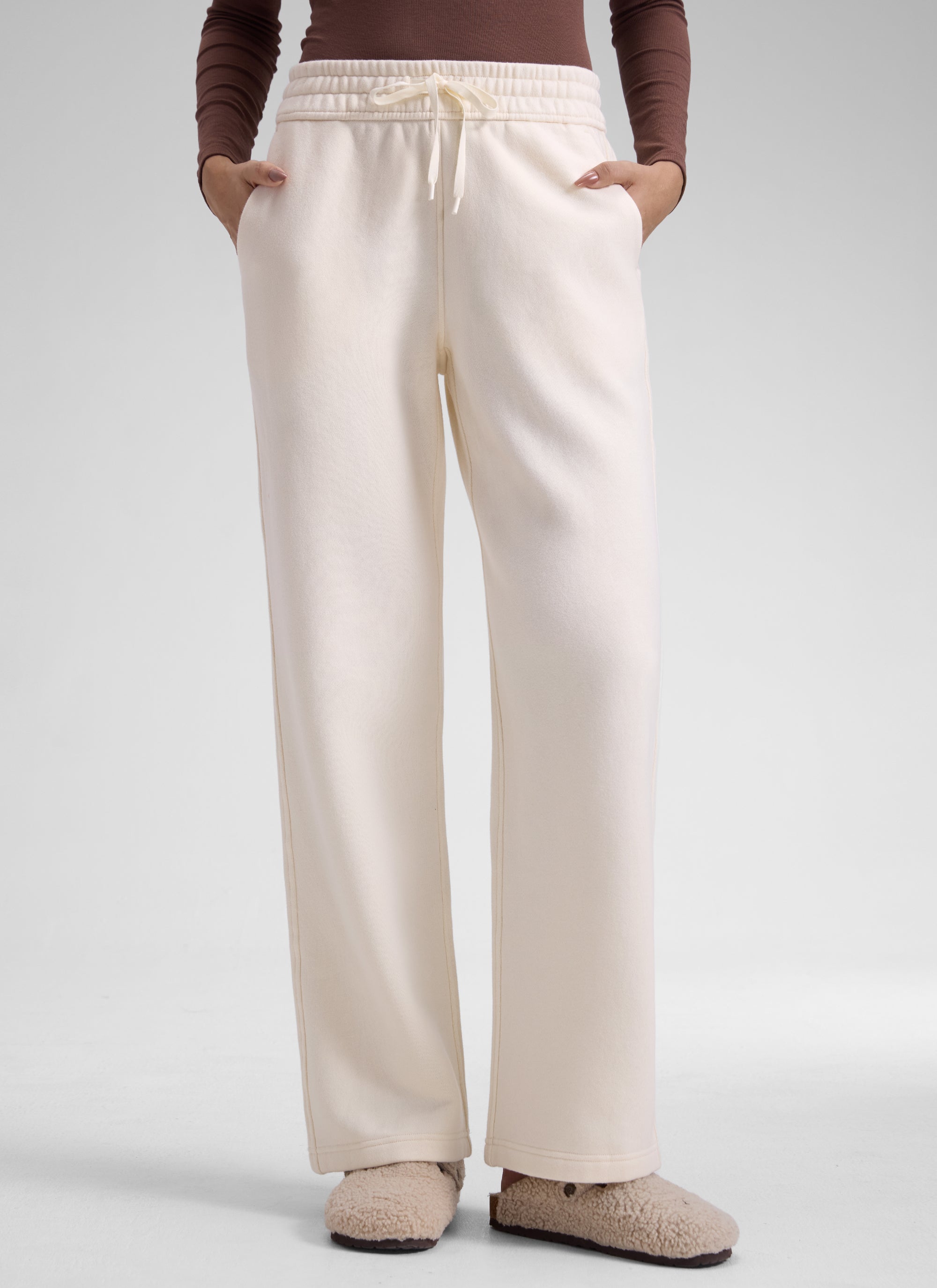 CRZ YOGA Womens Cotton Fleece Lined Straight Leg Lounge Sweatpants30'' White Apricot