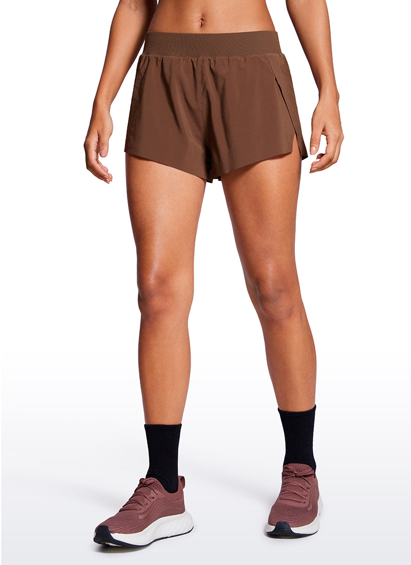 CRZ YOGA Women's Running Low Waisted V Split Mesh Lined Shorts 3'' Coffee Brown