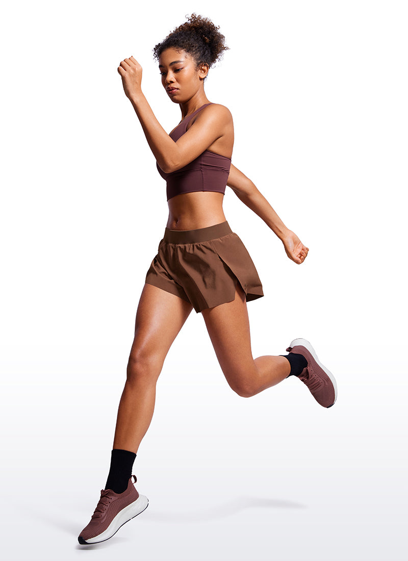 CRZ YOGA Women's Running Low Waisted V Split Mesh Lined Shorts 3'' Coffee Brown