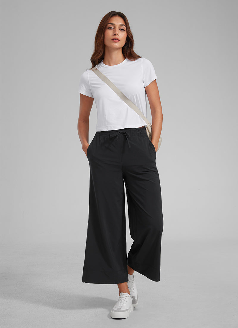CRZ YOGA Women's  Causal High Waisted Wide Leg Pockets Pants 25'' Black
