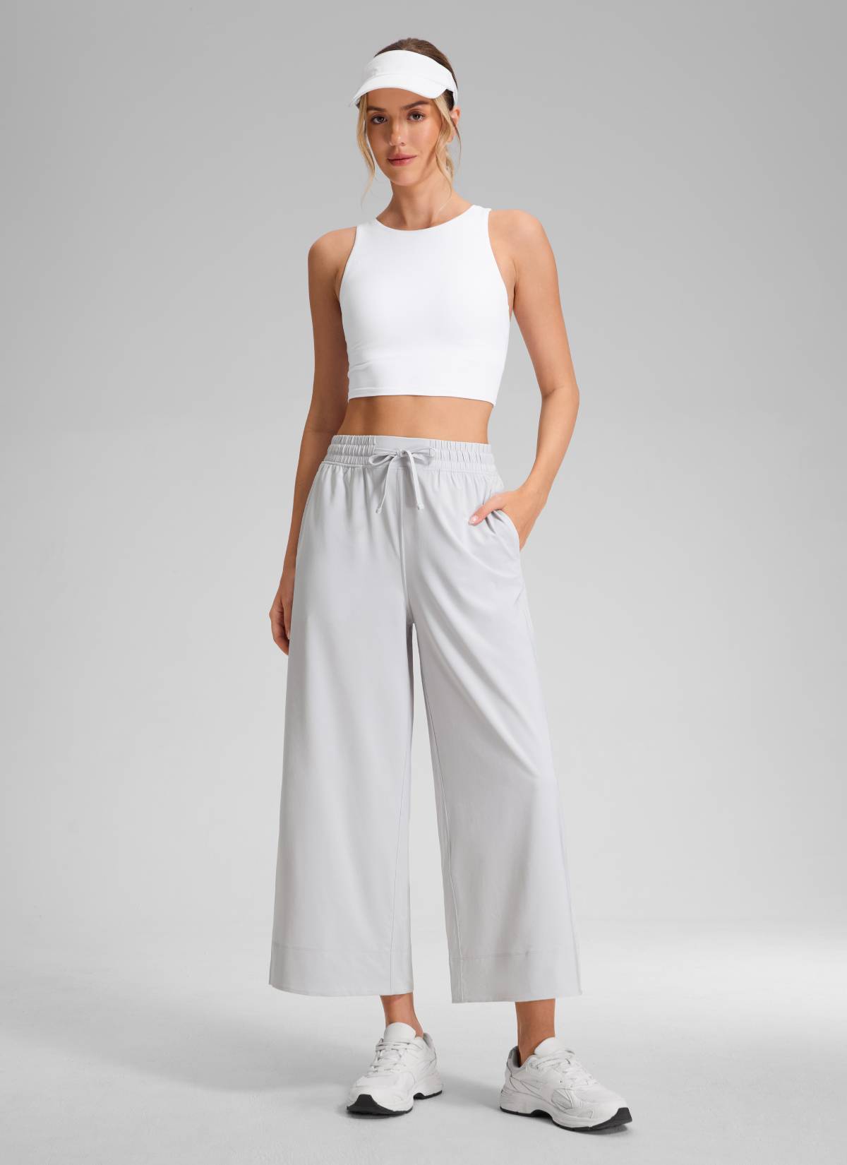 CRZ YOGA Women's  Causal High Waisted Wide Leg Pockets Pants 25'' Platinum Grey