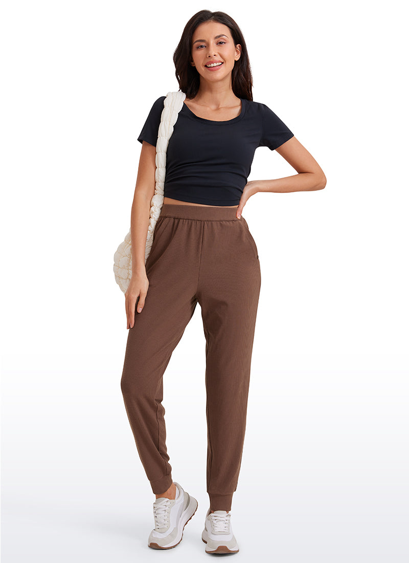 CRZ YOGA Women Comfy Ribbed Pockets High Waisted Sweatpants Coffee Brown