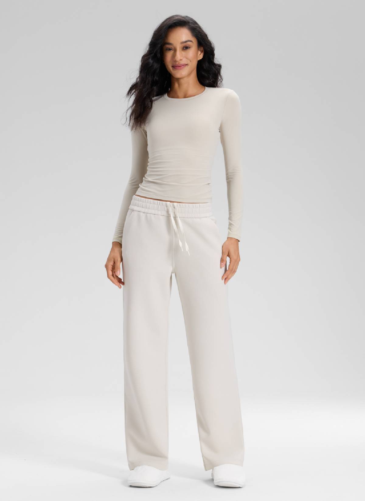 CRZ YOGA Women's SoftAura High Rise Wide Leg Pants with Pockets 31'' Milky White