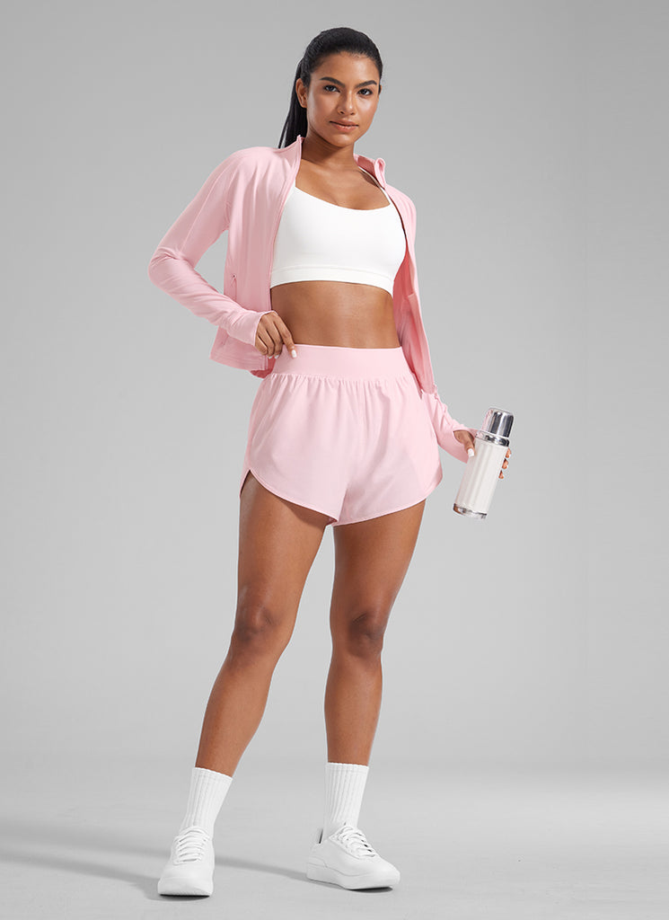 CRZYOGA Women's High Waisted Dolphin Shorts 3” With Zipper Pockets Liner Strawberry Pink