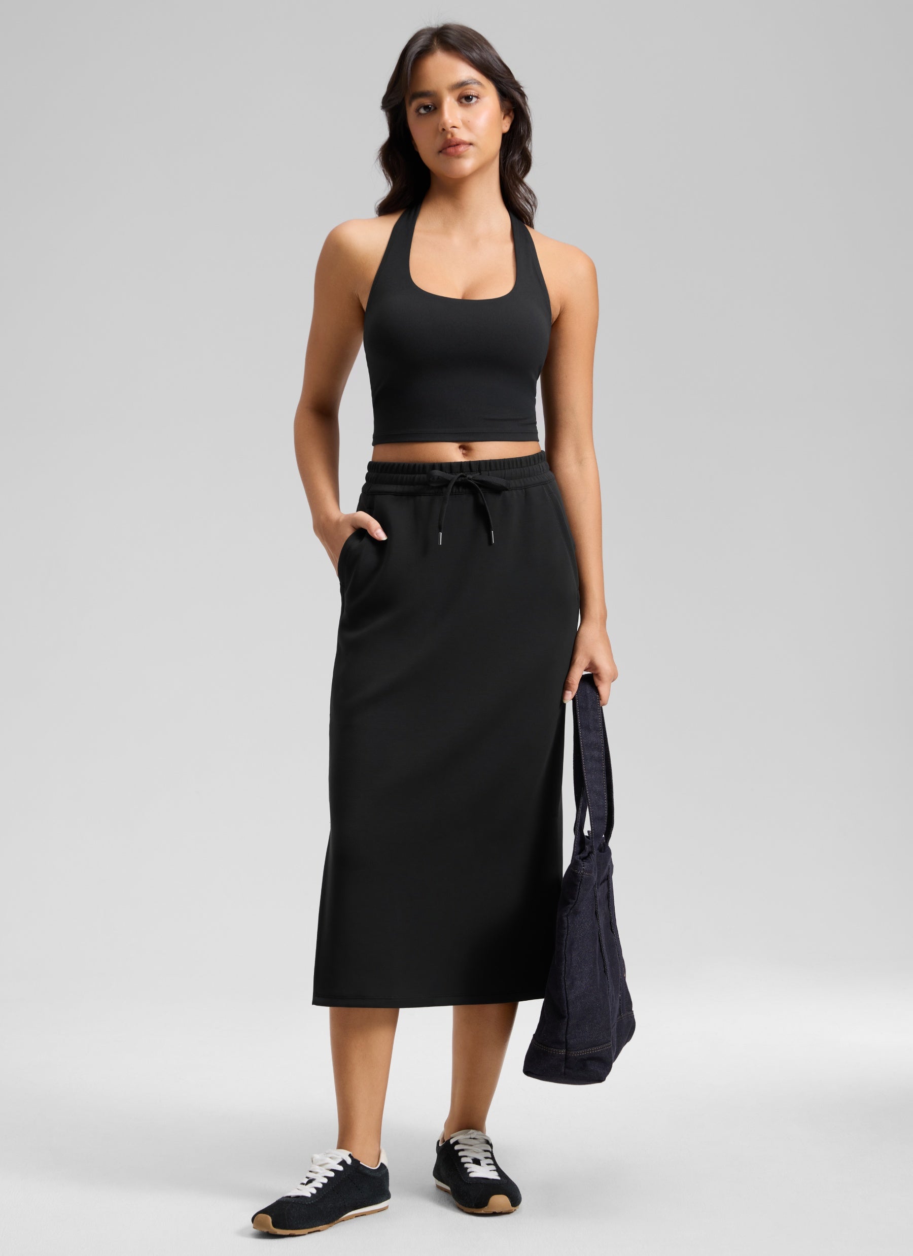 CRZ YOGA Women's SoftAura Midi Pencil Skirts High Waisted Drawstring Black