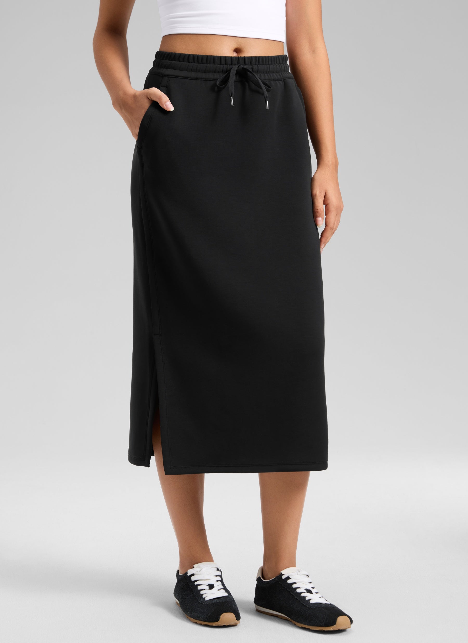 CRZ YOGA Women's SoftAura Midi Pencil Skirts High Waisted Drawstring Black
