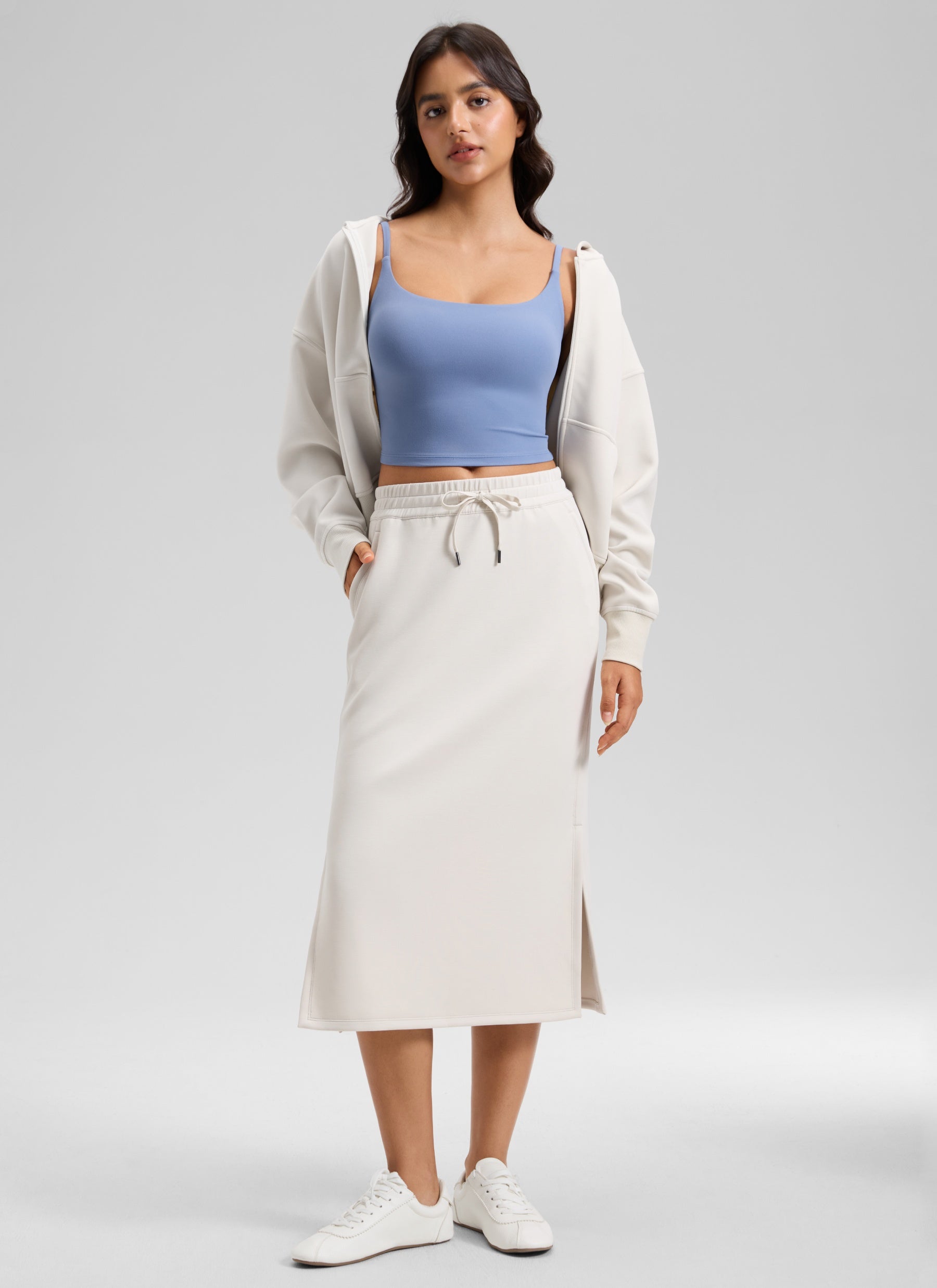 CRZ YOGA Women's SoftAura Midi Pencil Skirts High Waisted Drawstring Milky White