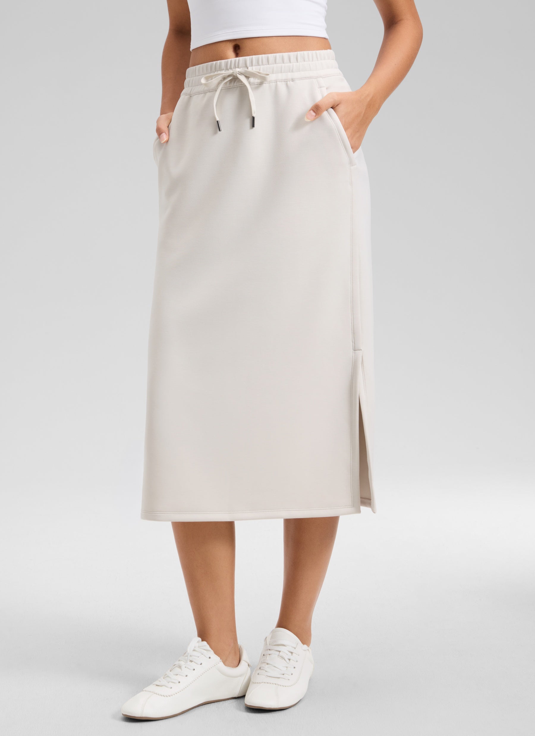 CRZ YOGA Women's SoftAura Midi Pencil Skirts High Waisted Drawstring Milky White