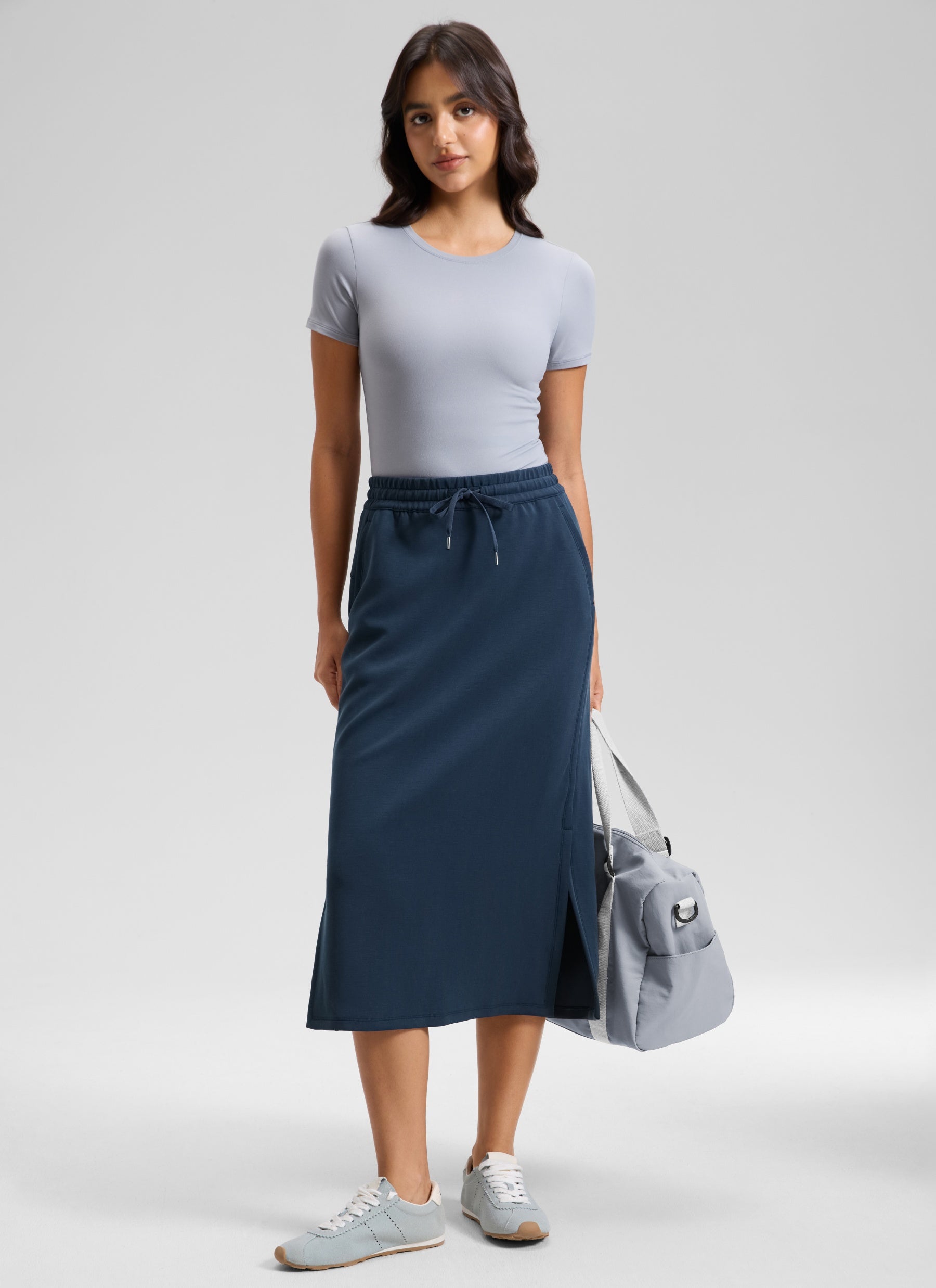CRZ YOGA Women's SoftAura Midi Pencil Skirts High Waisted Drawstring Ink Blue @model_info:L