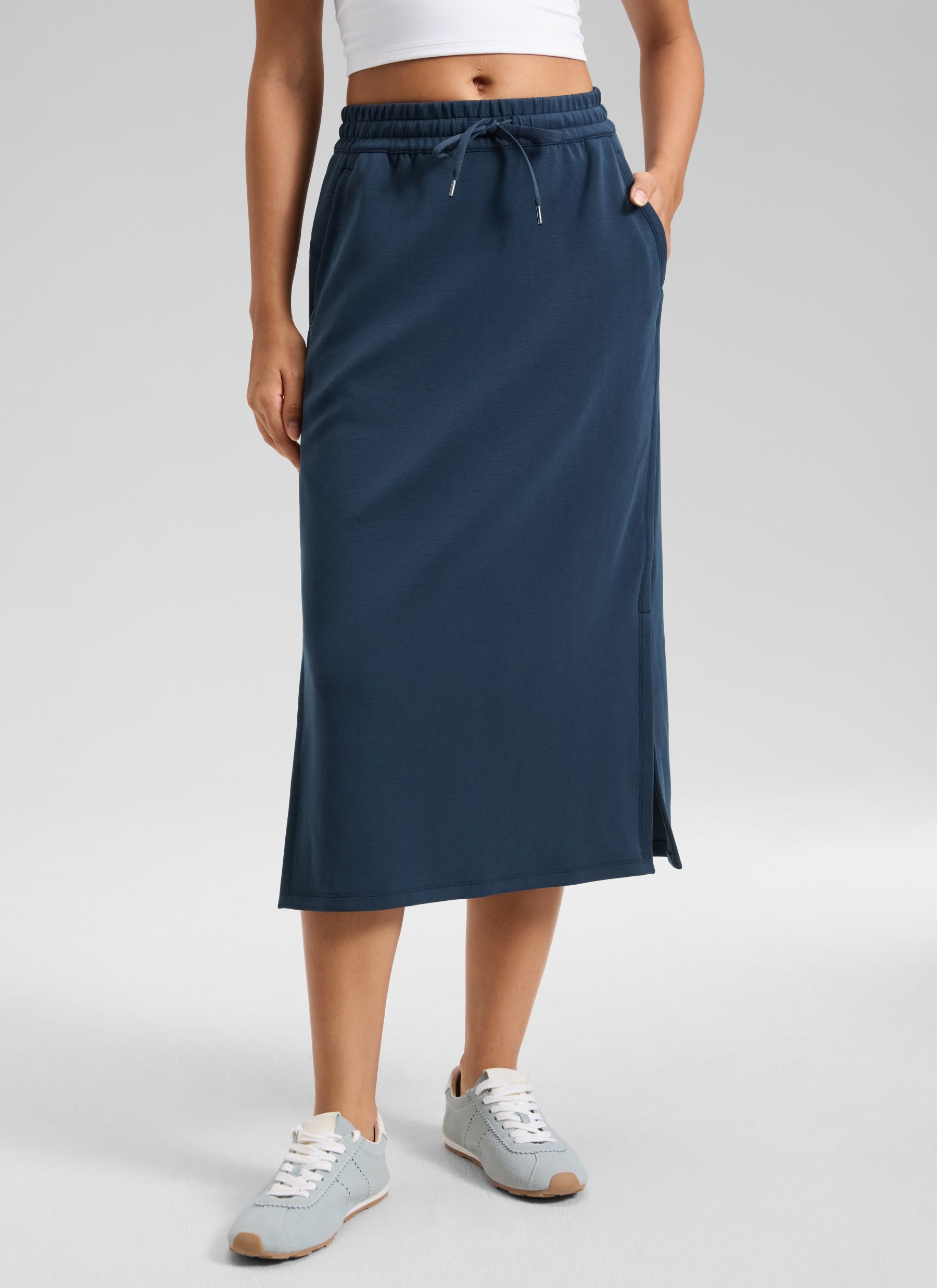 CRZ YOGA Women's SoftAura Midi Pencil Skirts High Waisted Drawstring Ink Blue