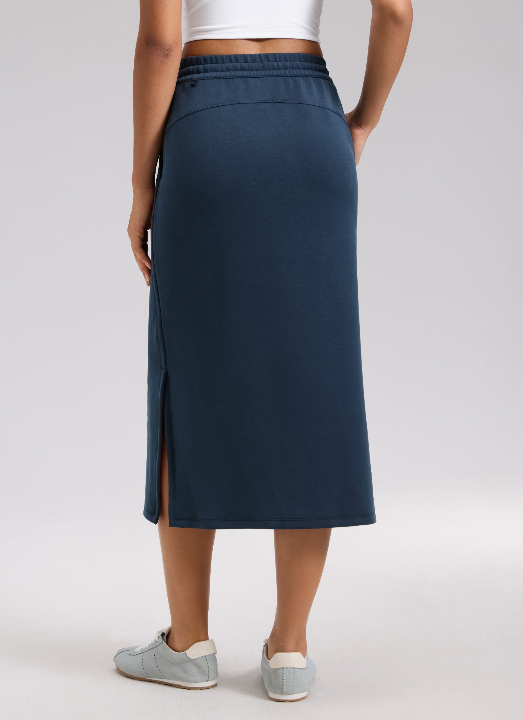 CRZ YOGA Women's SoftAura Midi Pencil Skirts High Waisted Drawstring Ink Blue