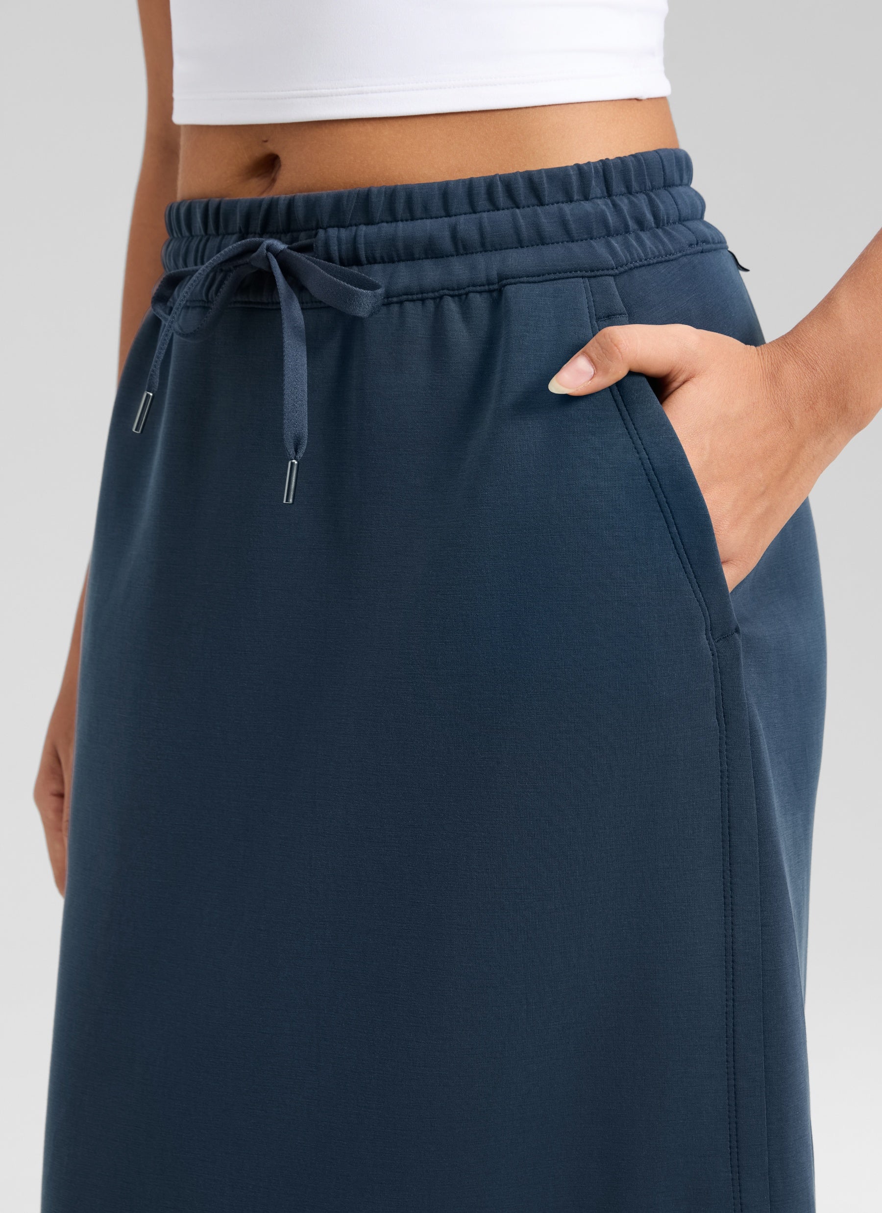 CRZ YOGA Women's SoftAura Midi Pencil Skirts High Waisted Drawstring Ink Blue
