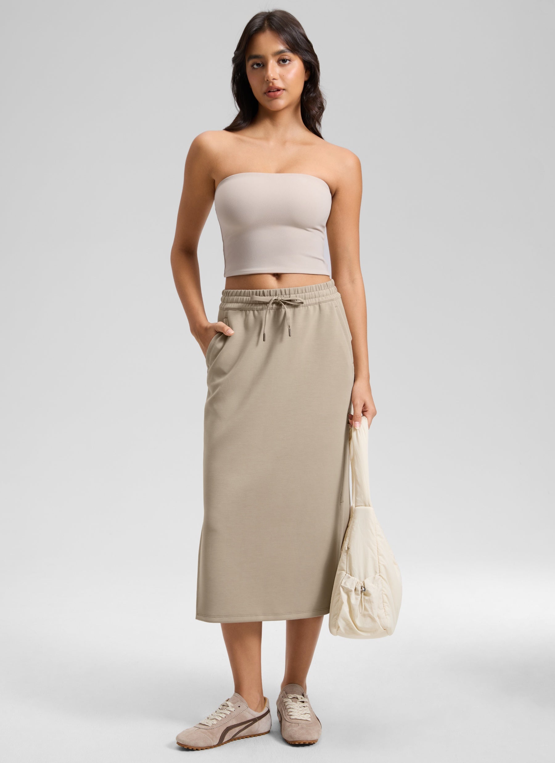 CRZ YOGA Women's SoftAura Midi Pencil Skirts High Waisted Drawstring Oak