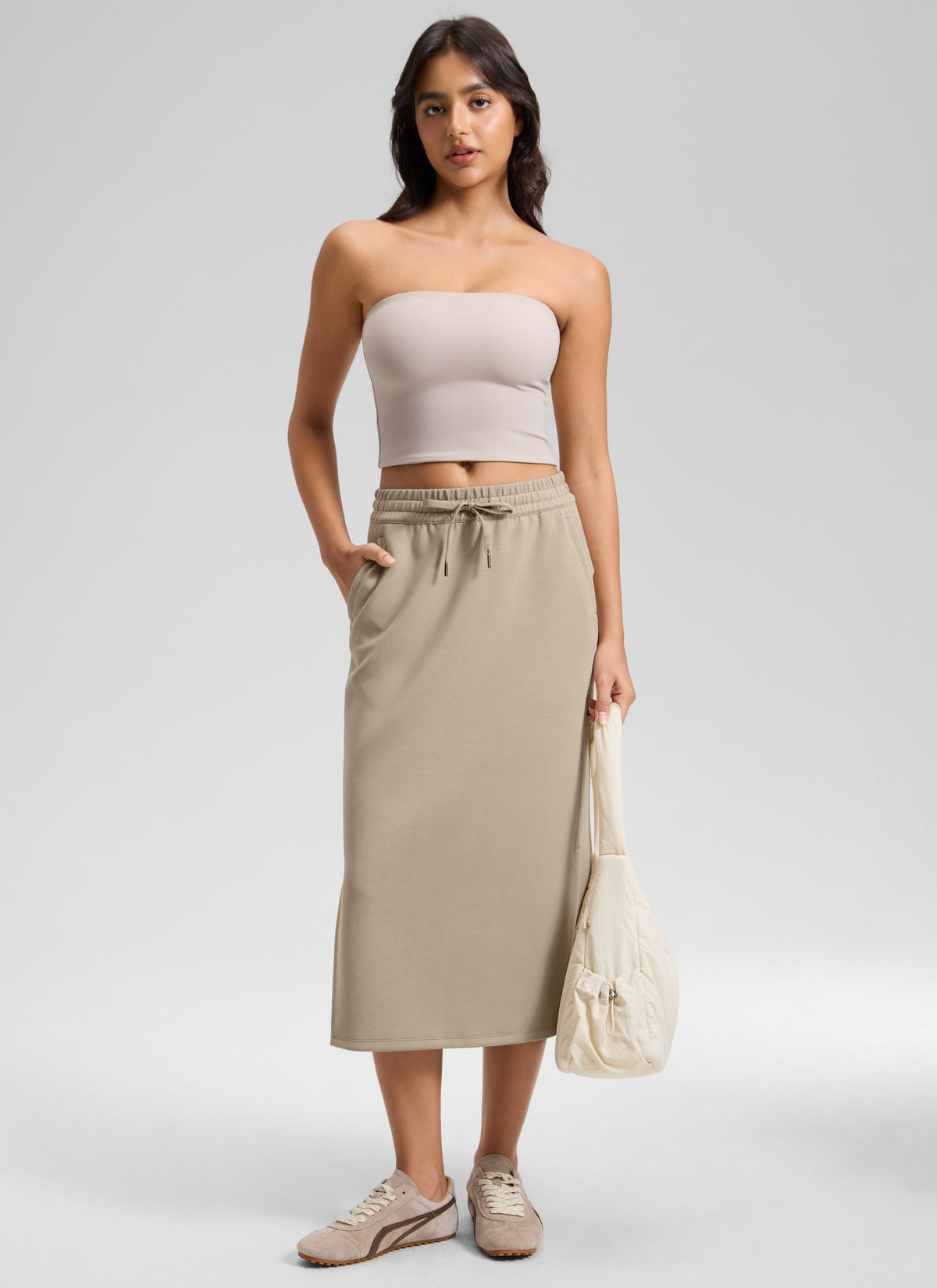 CRZ YOGA Women's SoftAura Midi Pencil Skirts High Waisted Drawstring Oak @model_info:L