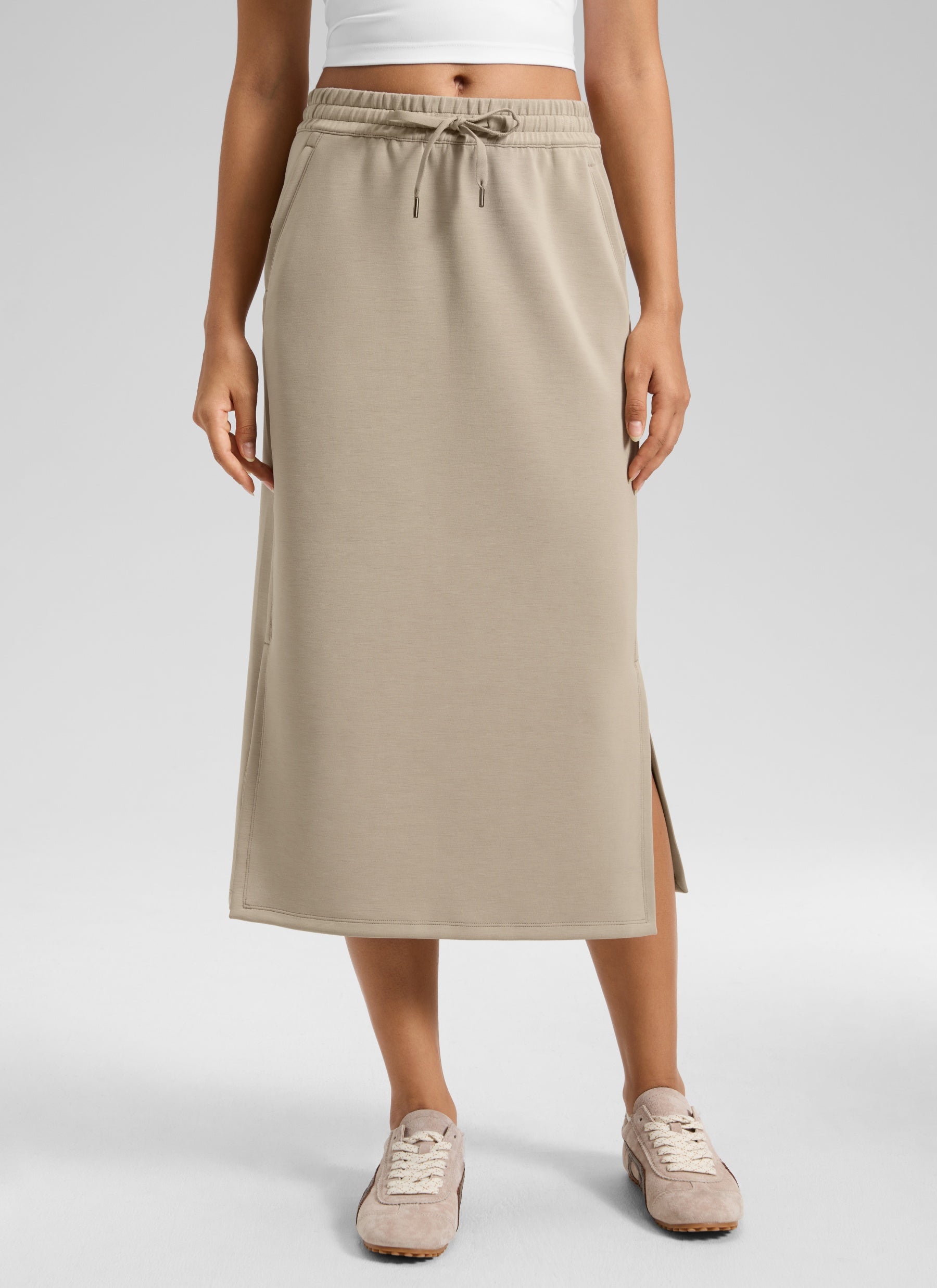 CRZ YOGA Women's SoftAura Midi Pencil Skirts High Waisted Drawstring Oak