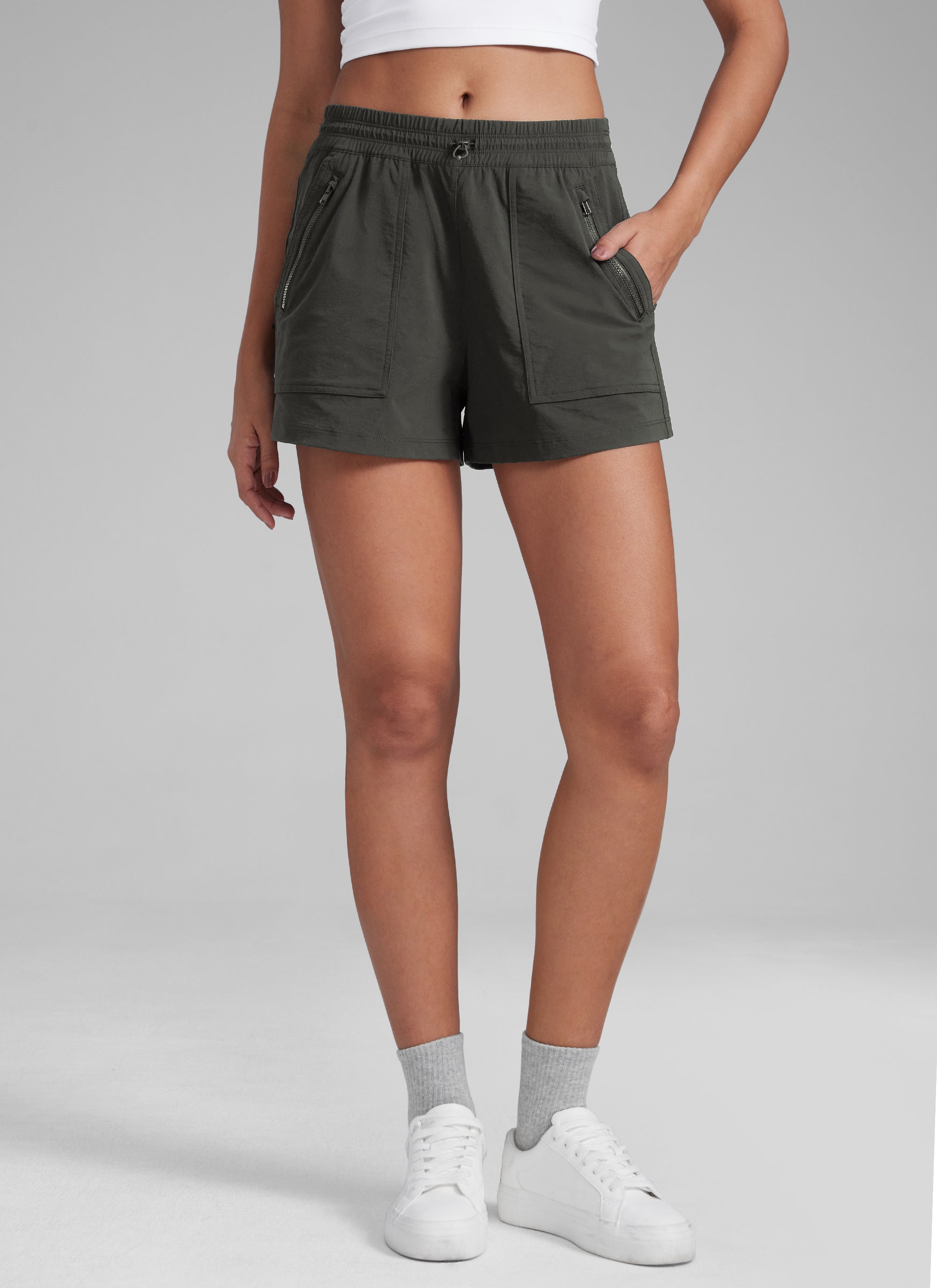 CRZYOGA Women's Lightweight Stretch Water-Repellent Hiking Pocket Short 3'' Arbor Olive