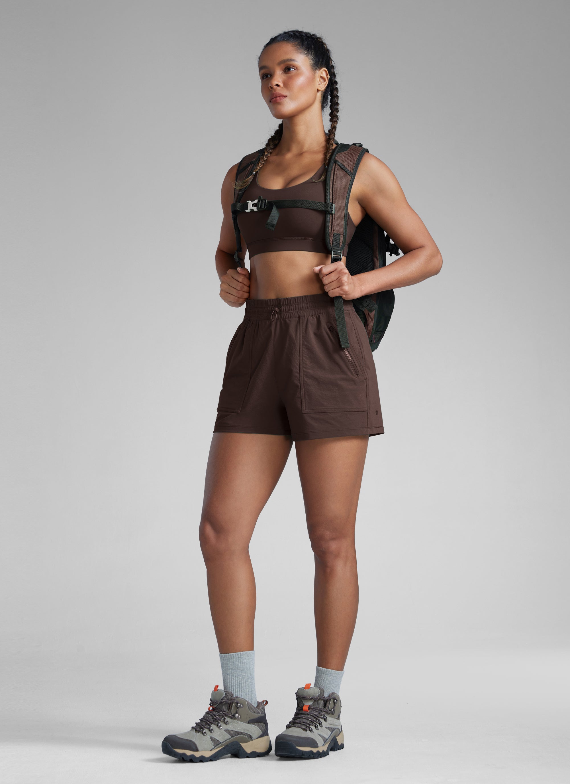 CRZYOGA Women's Lightweight Stretch Water-Repellent Hiking Pocket Short 3'' Hot Fudge Brown