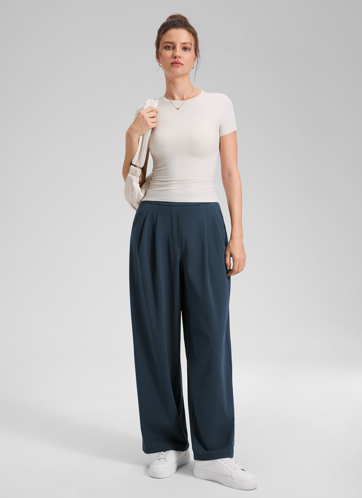 CRZ YOGA Women's Business High Rise Drawstring Pocket Wide Leg Pant True Navy