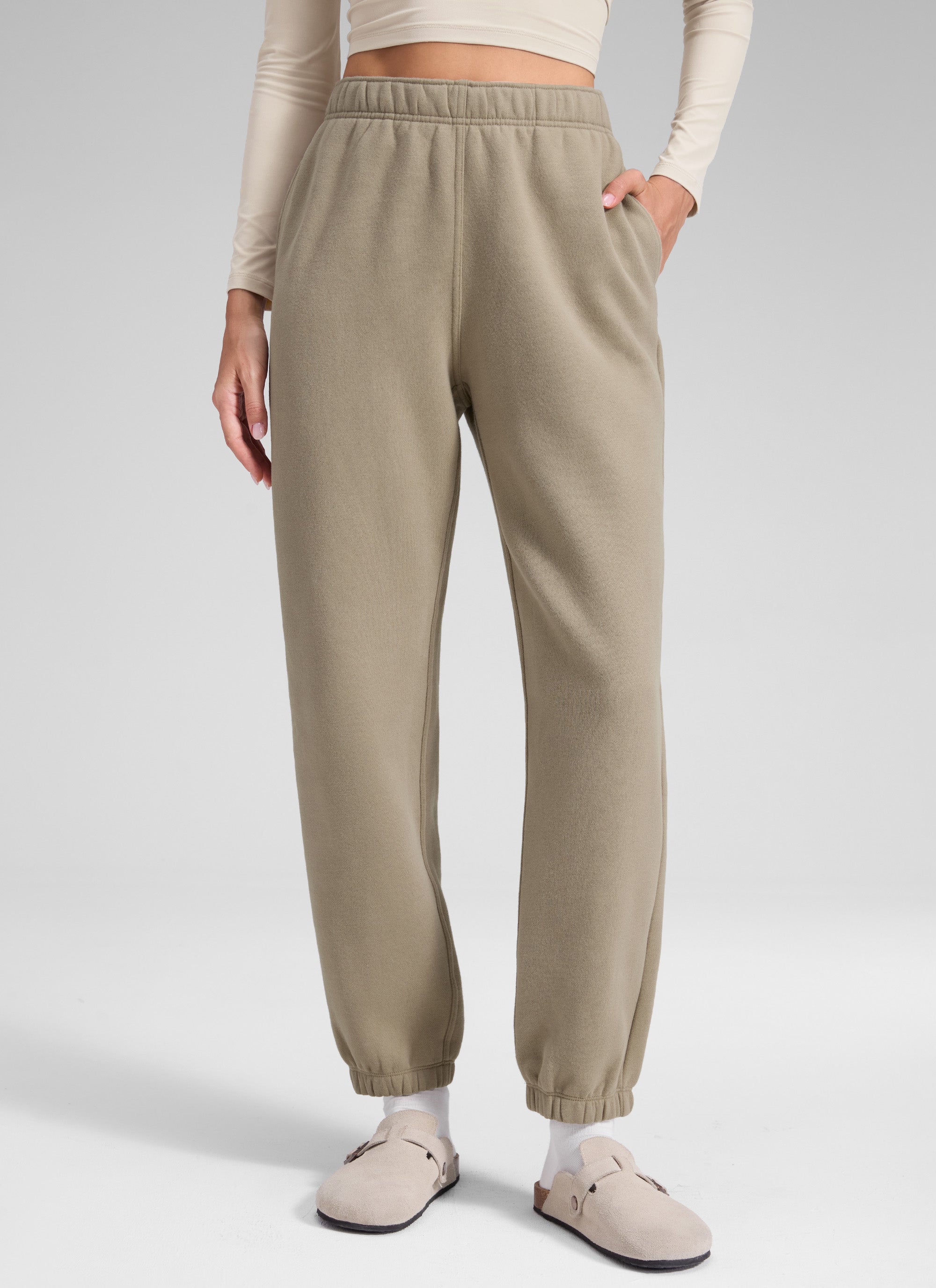 CRZ YOGA Women's Fleece Lined High Rise Drastring Pocket Sweatpants Oak