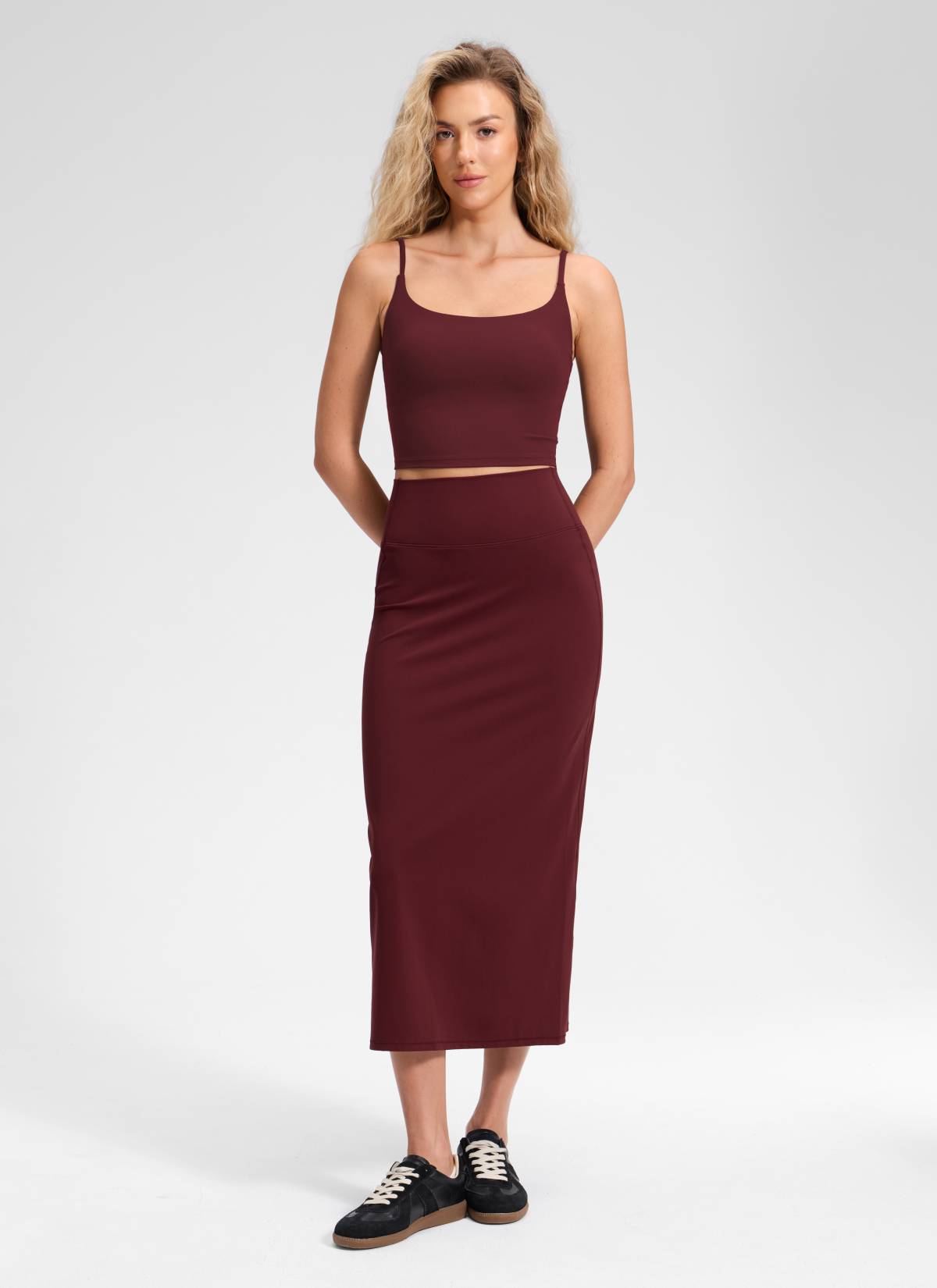 CRZ YOGA Women's Butterlift High Rise Slim Fit Maxi Pencil Skirt Red Merlot
