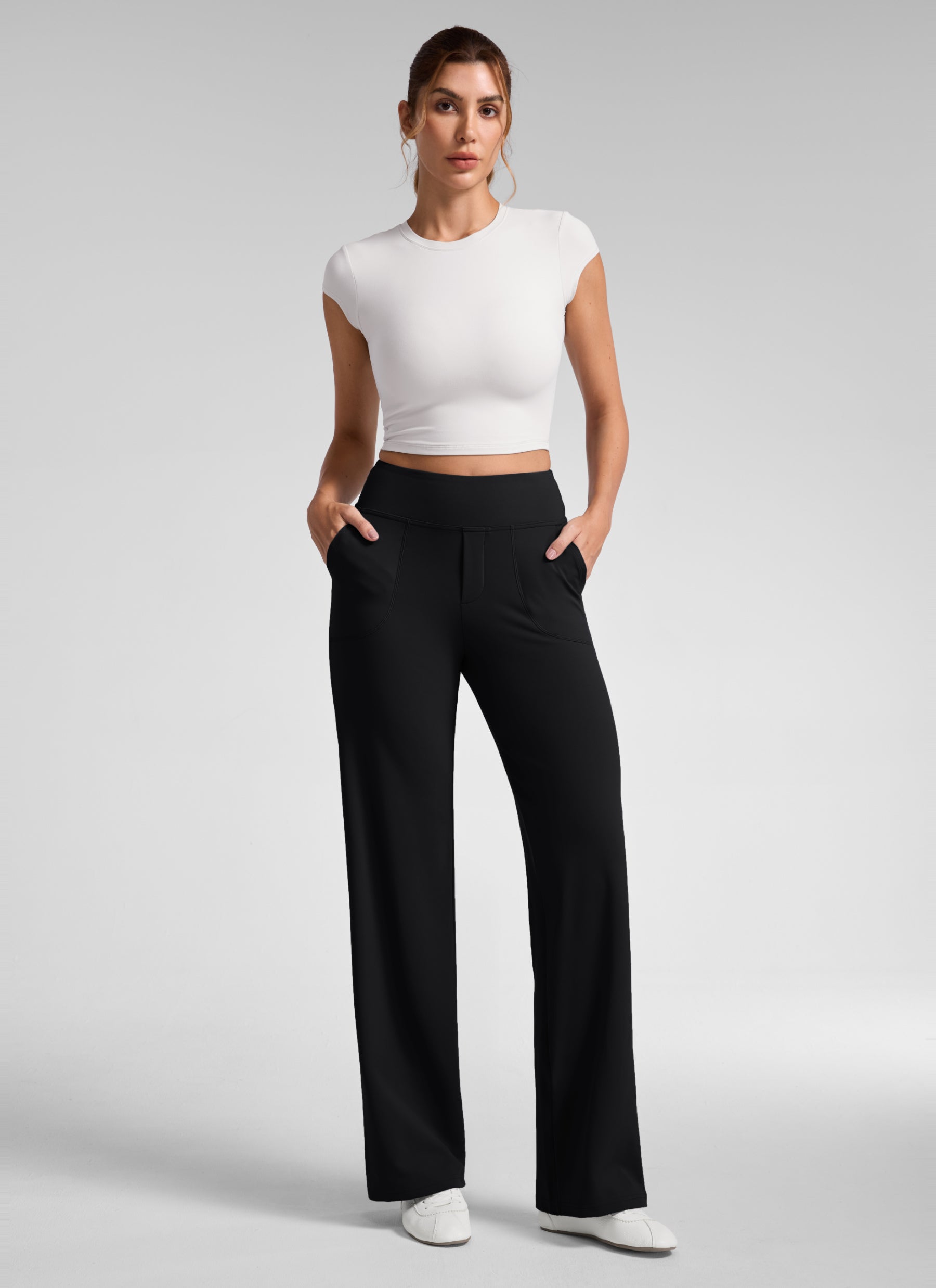 CRZ YOGA Women's Work High Rise Pocket Wide Leg Faux Fly Pant 30