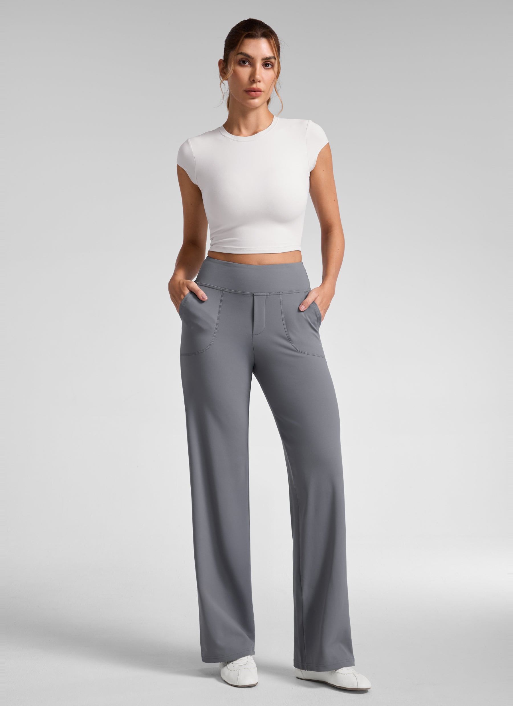 CRZ YOGA Women's Work High Rise Pocket Wide Leg Faux Fly Pant 30