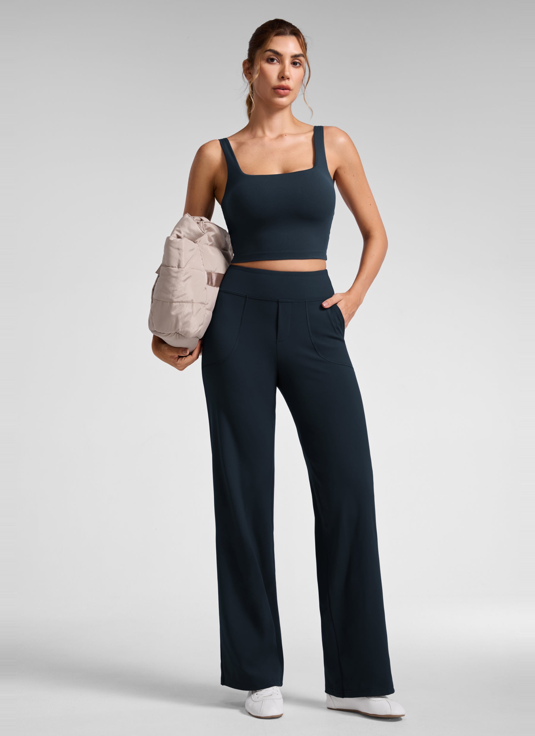 CRZ YOGA Women's Work High Rise Pocket Wide Leg Faux Fly Pant 30