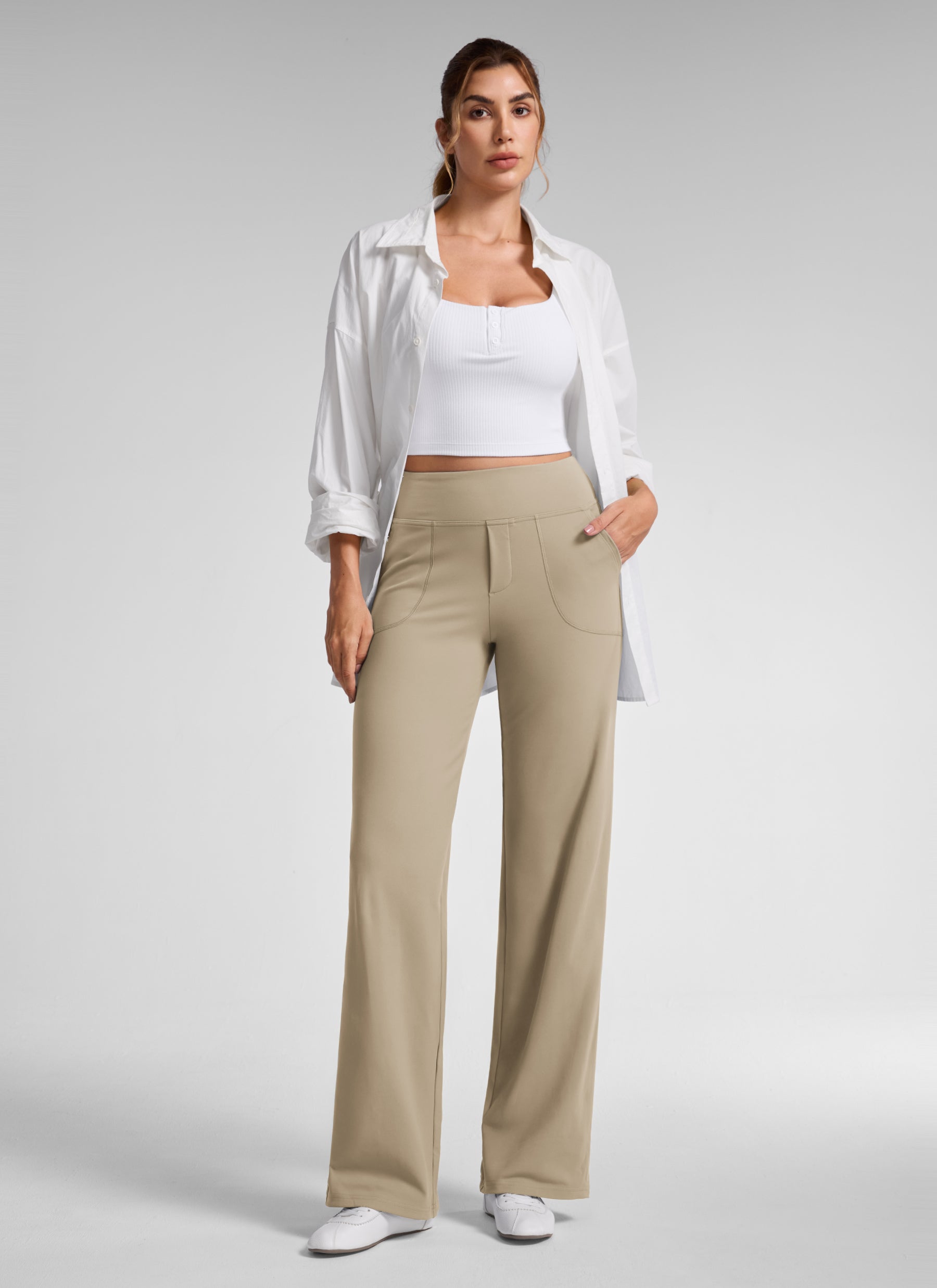 CRZ YOGA Women's Work High Rise Pocket Wide Leg Faux Fly Pant 30