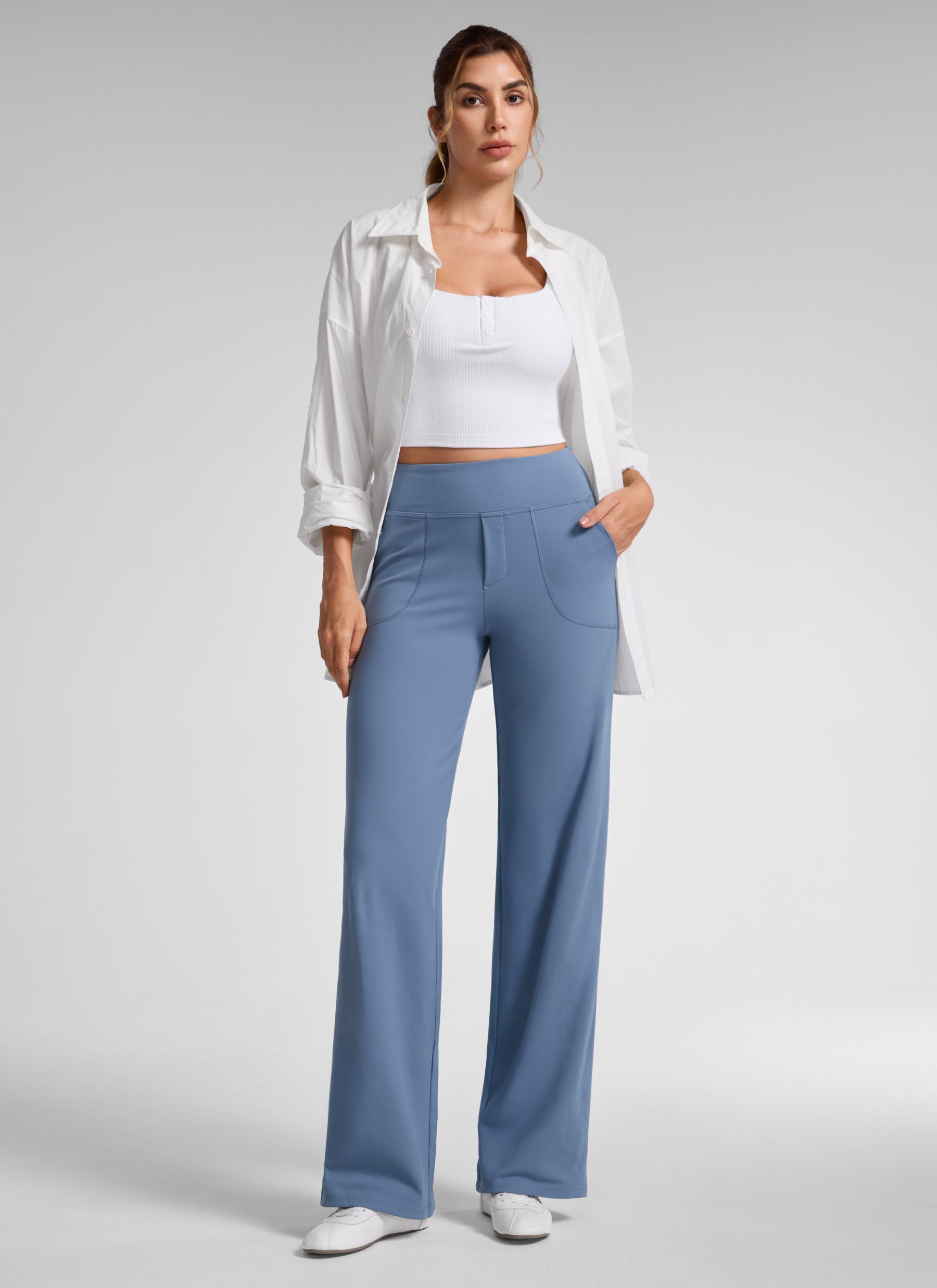 CRZ YOGA Women's Work High Rise Pocket Wide Leg Faux Fly Pant 30