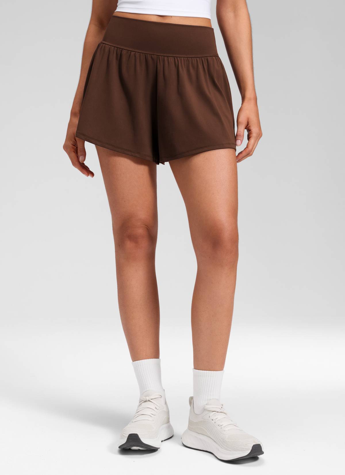 CRZ YOGA Women's Softretch Yoga High Rise Pocket Flowy 2 in 1 Shorts Lava Brown