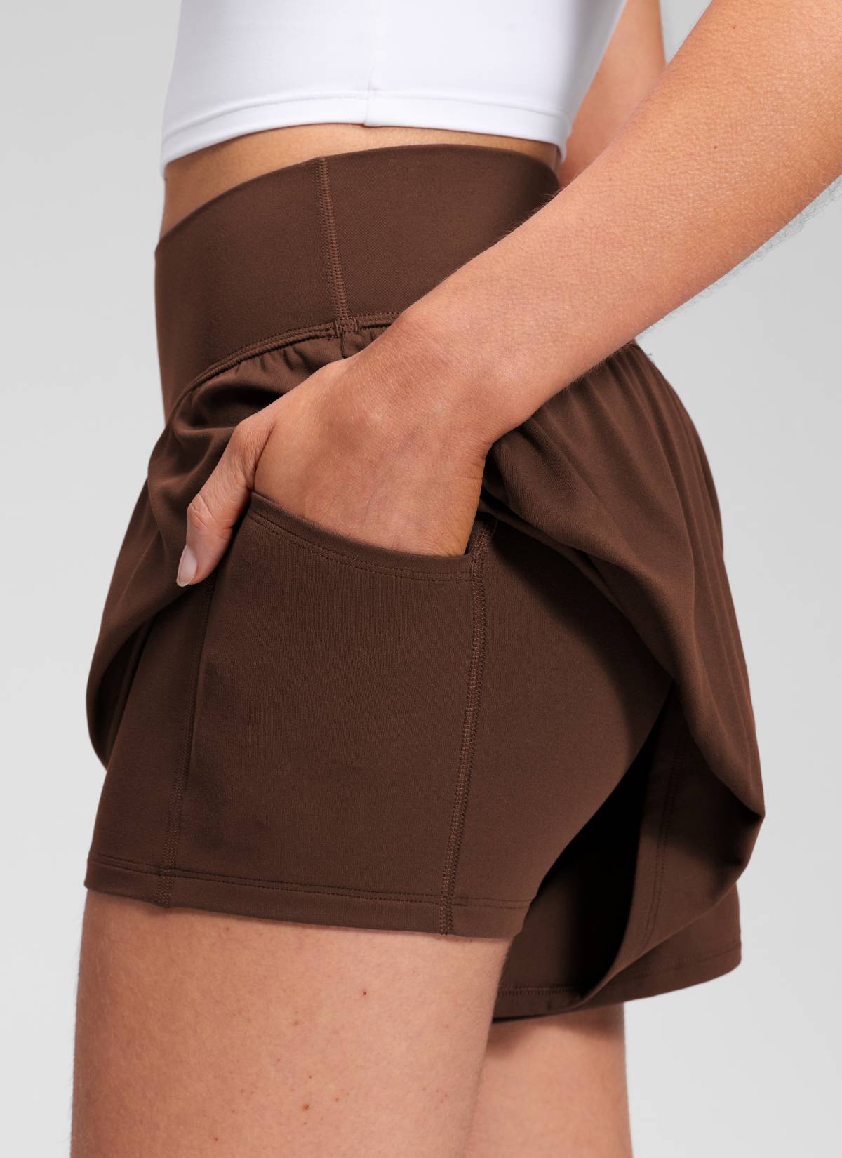 CRZ YOGA Women's Softretch Yoga High Rise Pocket Flowy 2 in 1 Shorts Lava Brown