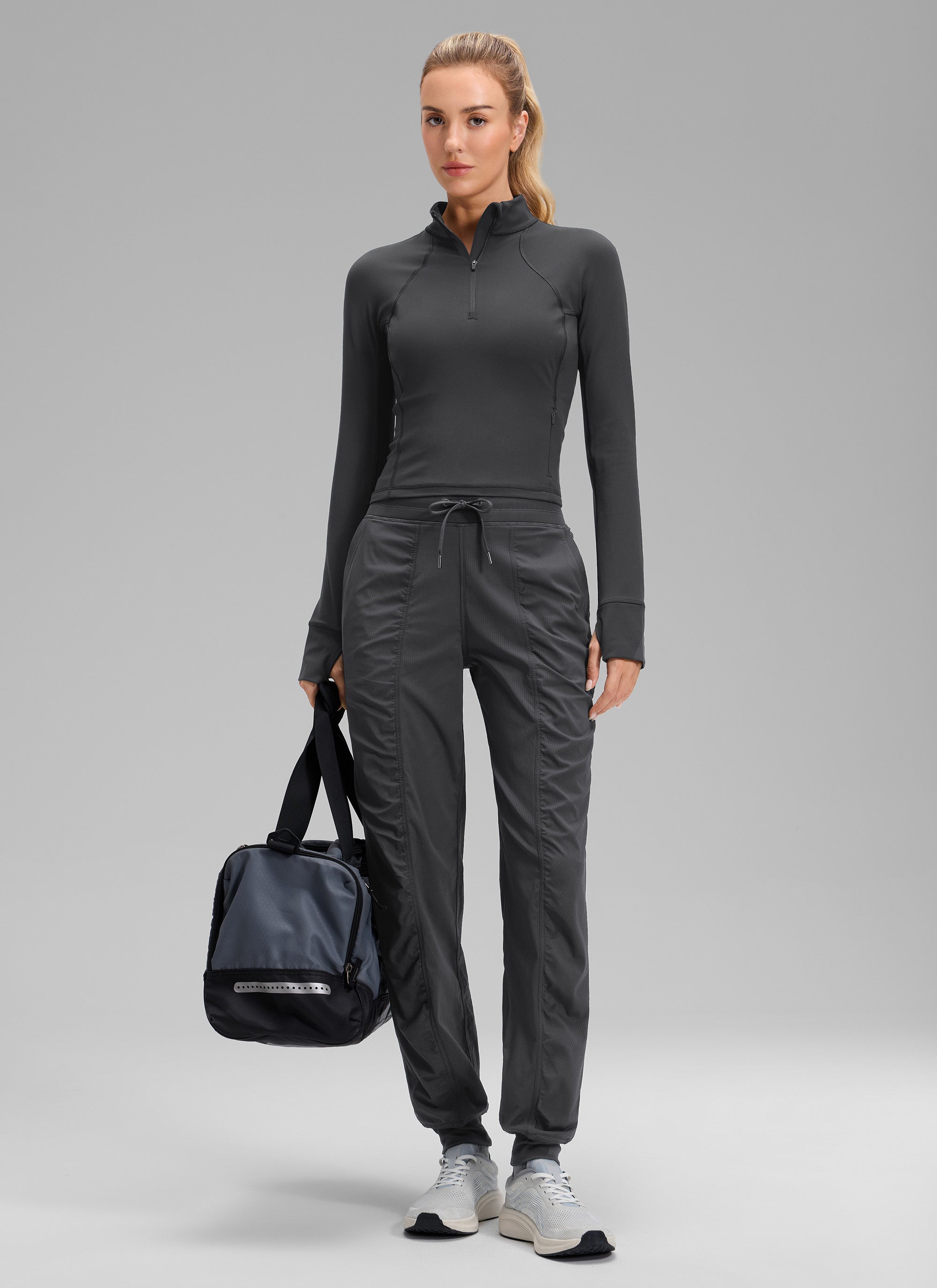 CRZ YOGA Women's Casual High Rise Drawstring Pocket Ruched Jogger 30'' Ink Gray