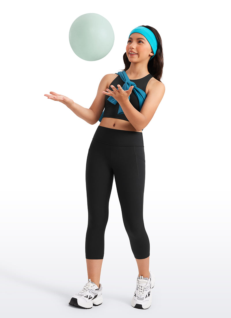 CRZ YOGA Girls Butterluxe Athletic Capri Leggings with Pockets Black