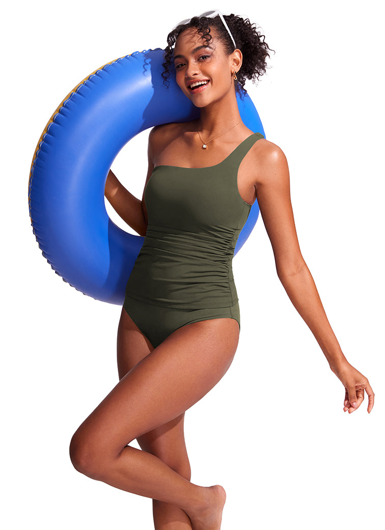 CRZ YOGA women's One Shoulder Tankini Ruched Adjustable Bathing Suits Honey Orange