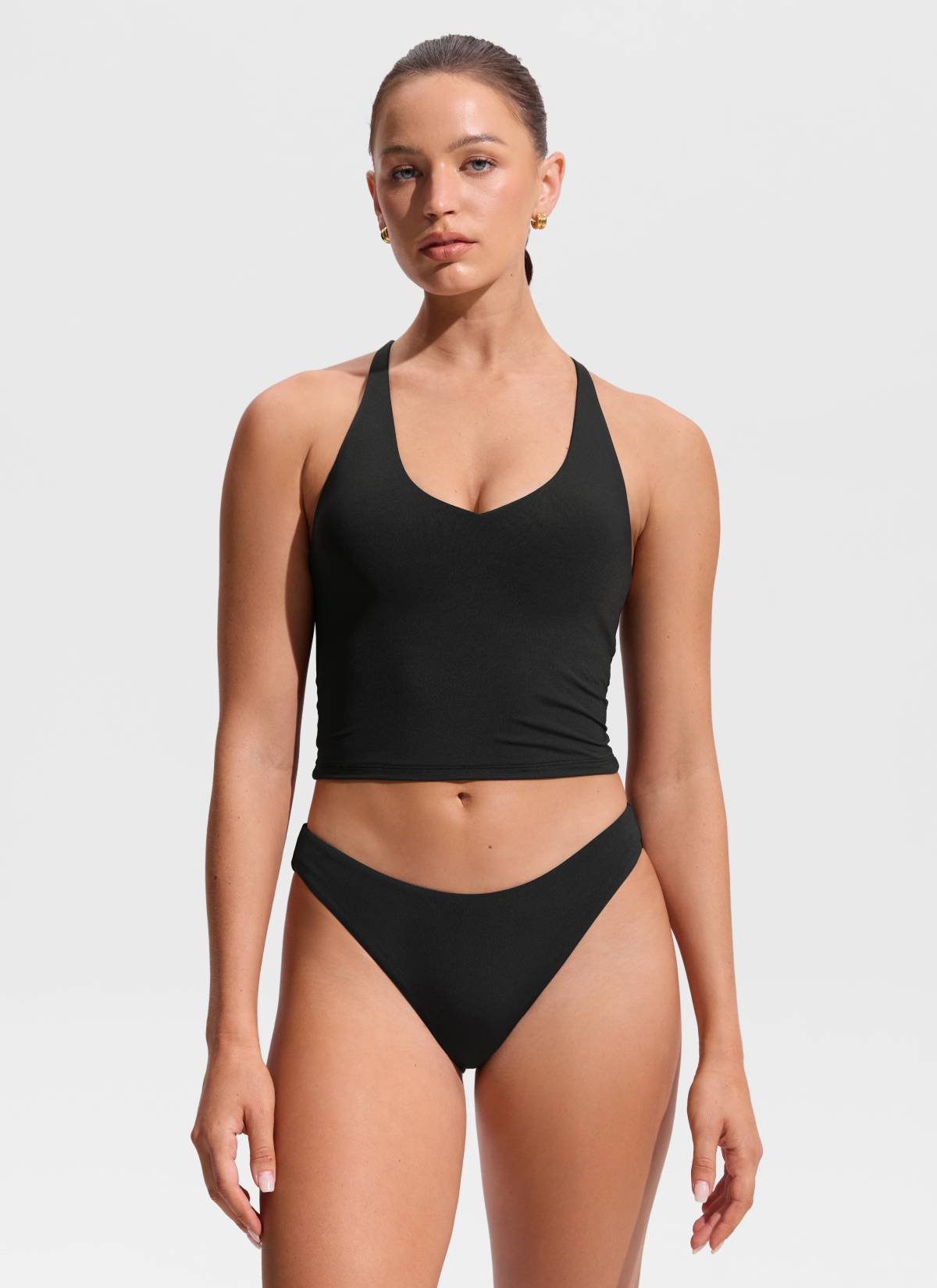 CRZ YOGA Women's Swimwear V Neck Criss Cross Back Crop Tankini Black