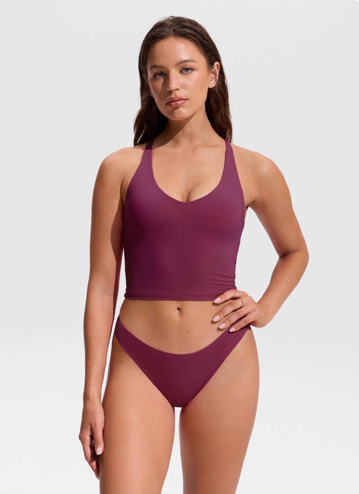 CRZ YOGA Women's Swimwear V Neck Criss Cross Back Crop Tankini Fuchsia