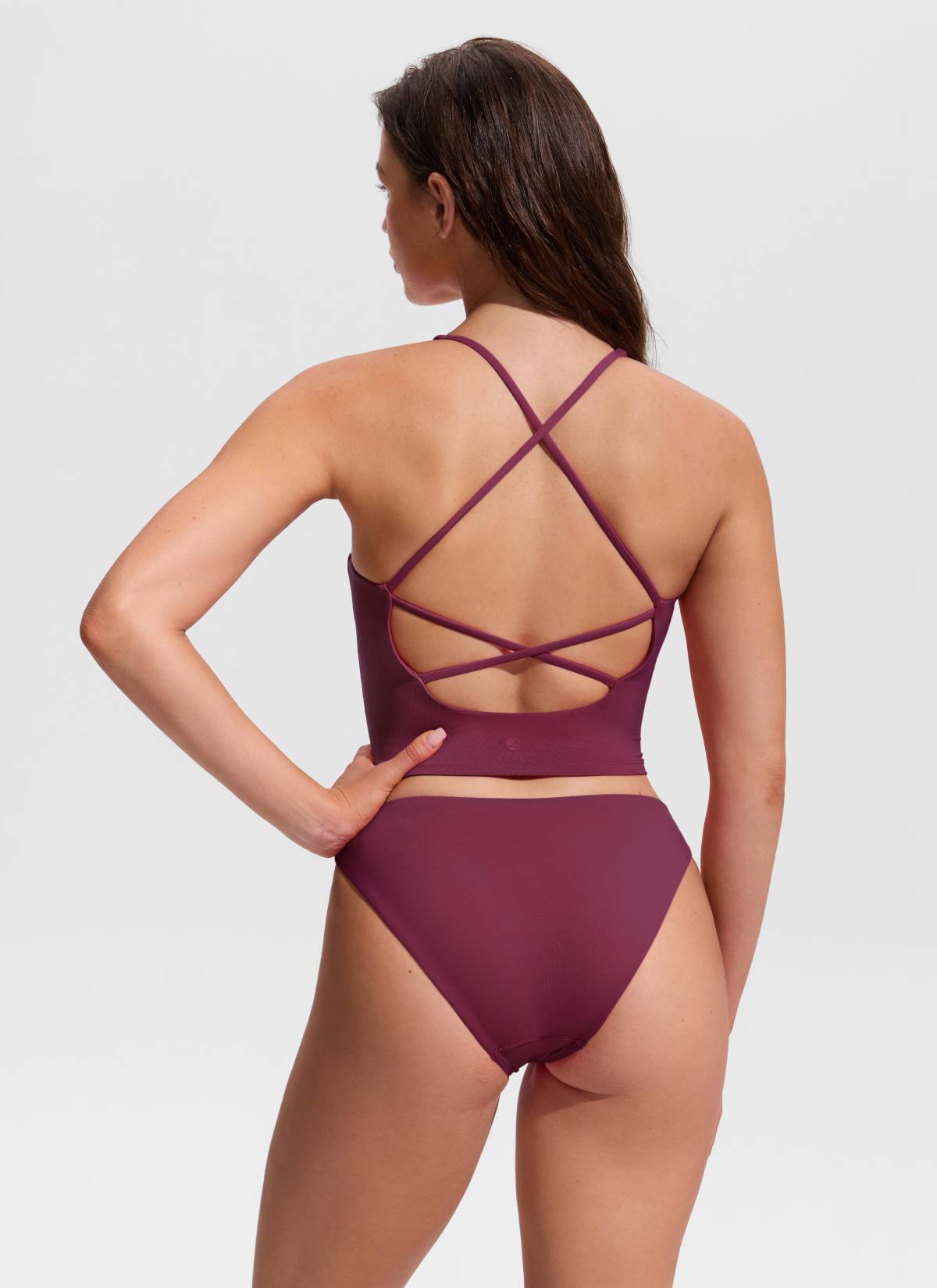 CRZ YOGA Women's Swimwear V Neck Criss Cross Back Crop Tankini Fuchsia