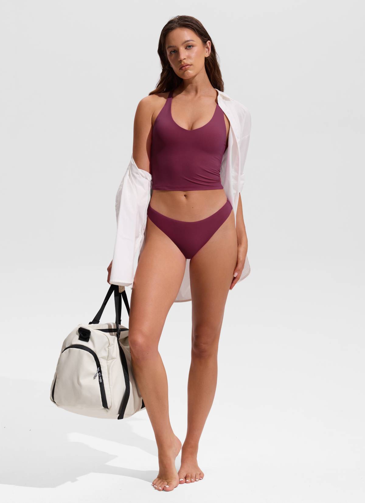 CRZ YOGA Women's Swimwear V Neck Criss Cross Back Crop Tankini Fuchsia